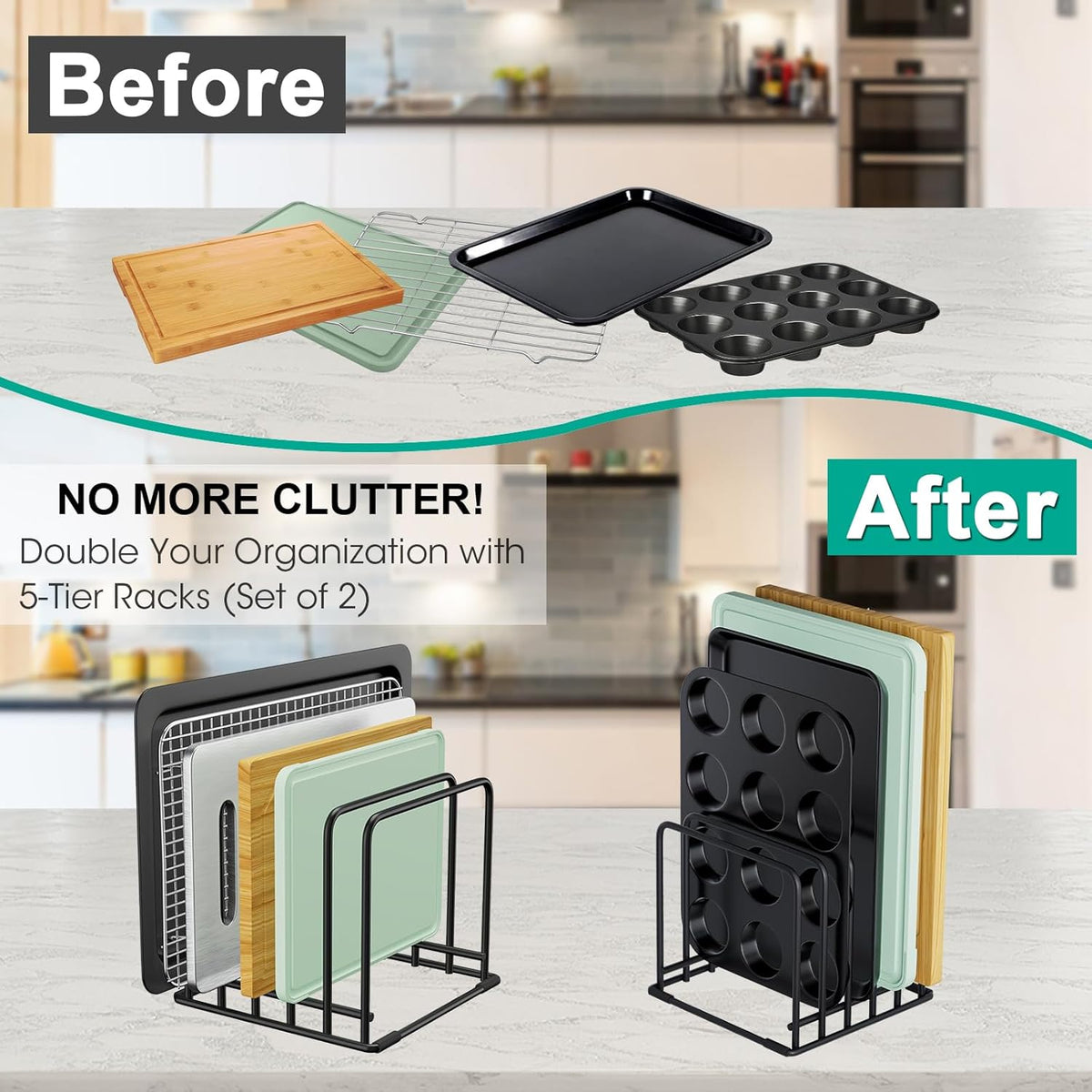 2-Pack Dish Rack & Cutting Board Organizer β 5-Tier Metal Rack for Cutting Boards, Bakeware, Trays β Space-Saving Kitchen Storage, Rust-Resistant Dish Organizer for Cabinets, Countertops & Pantry