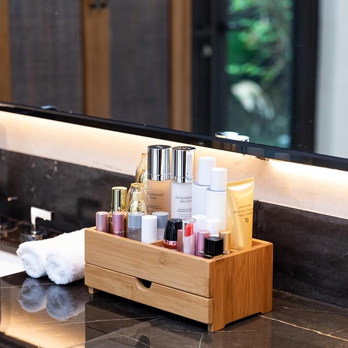 GOBAM Bamboo Makeup Organizer and Storage with Drawer, Wooden Cosmetic Organizer Countertop for Bathroom, Bedroom, Kitchen & Dresser, Desk Organizer with Drawers and Make up Vanity Station - Medium