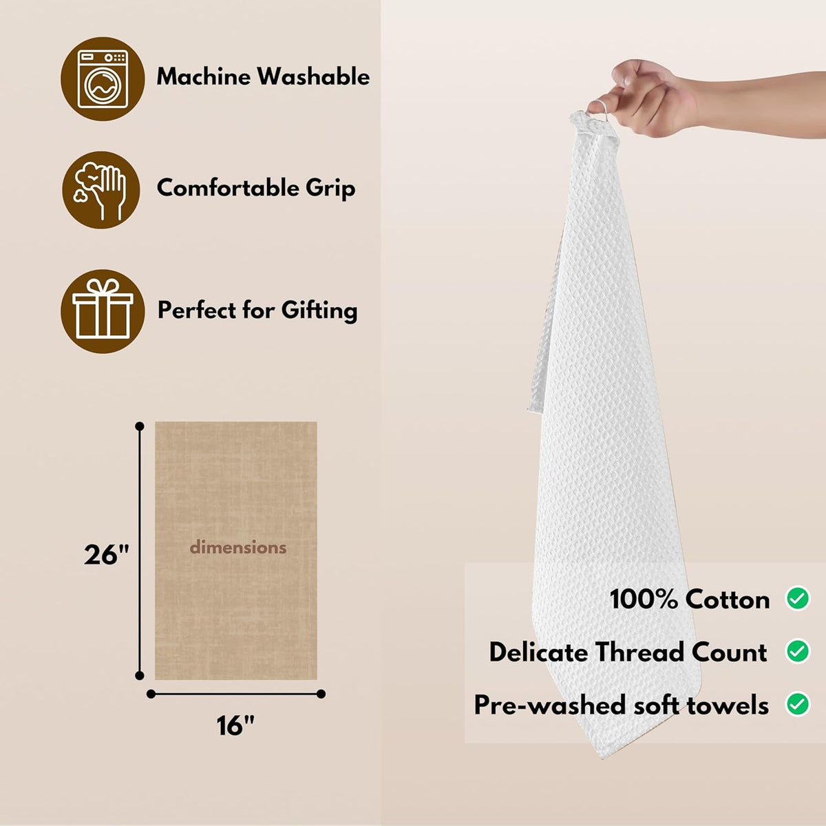 Native Fab Cotton Kitchen Towel with Hanging Loop 16x26 inches, 4-Pack, Waffle Weave Kitchen Towels for Cleaning Drying, Washcloths Soft & Absorbent Cloth Rags, Bar Towel, Dish Cloth, White