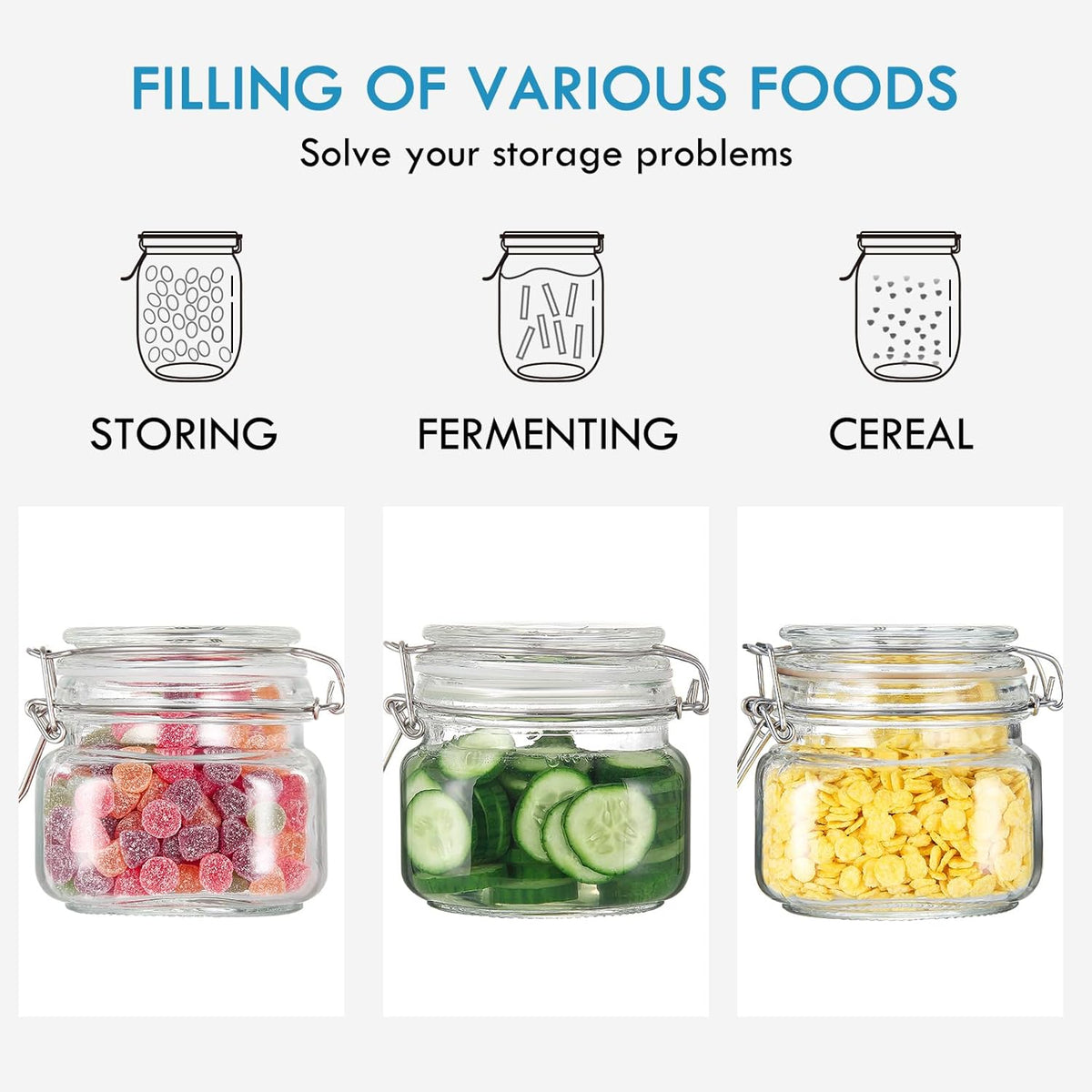 YEBODA 16oz Food Storage Canister Glass Jars with Clamp Airtight Lids and Silicone Gaskets for Multi-Purpose Kitchen Containers - Clear Square (6 Pack)