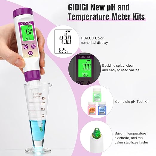 pH Meter Food Digital Electronic pH Tester for Fermentation 3*50ml pH Buffer Calibration Solution Kits Hot Sauce Food Tester Probe for Cheese Sourdough pH Temperature pH Test Strips for Acidity