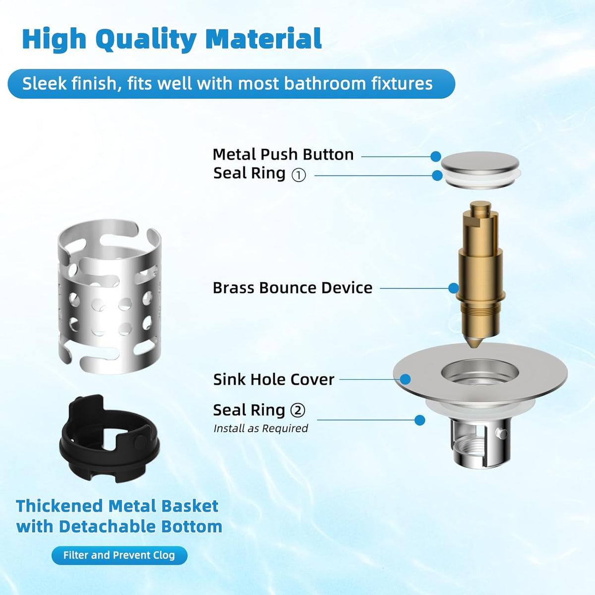 Universal Bathroom Sink Stopper Hair Catcher Upgraded with 2-Layer Detachable Filter Basket, 2PCS 4 in 1 Pop Up Drain Strainer, Anti-Clog, Odor-Block, Fit for 1.1''~2.36'' Sinks, Brushed Nickel