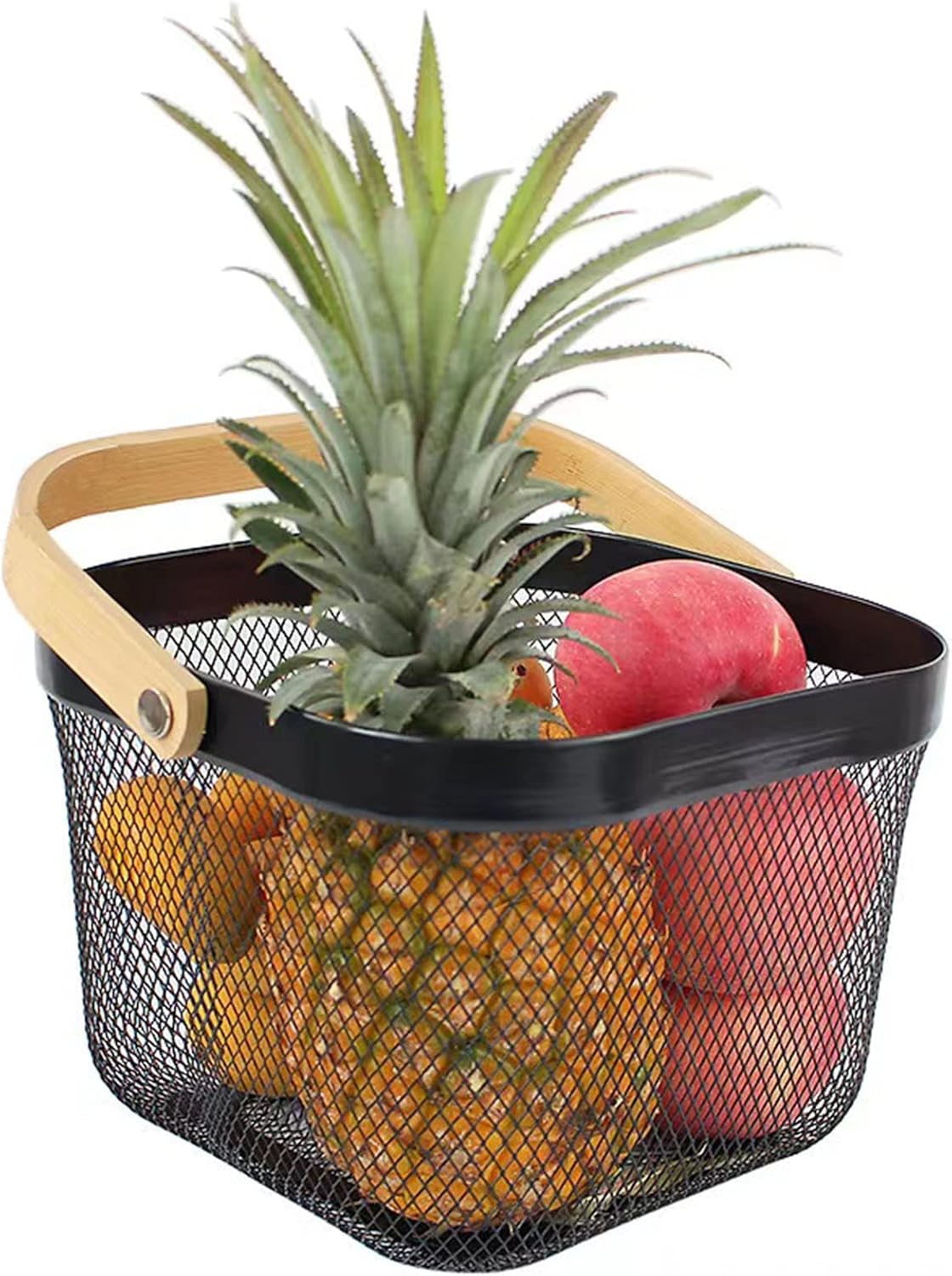 Metal Mesh Steel Basket, Storage Organizer Basket Multi-functional Hanging Kitchen Baskets Fruit Basket Bin with Bamboo Handle for Kitchen Bathroom Picnic Shopping Decor Cabinet Home, Black