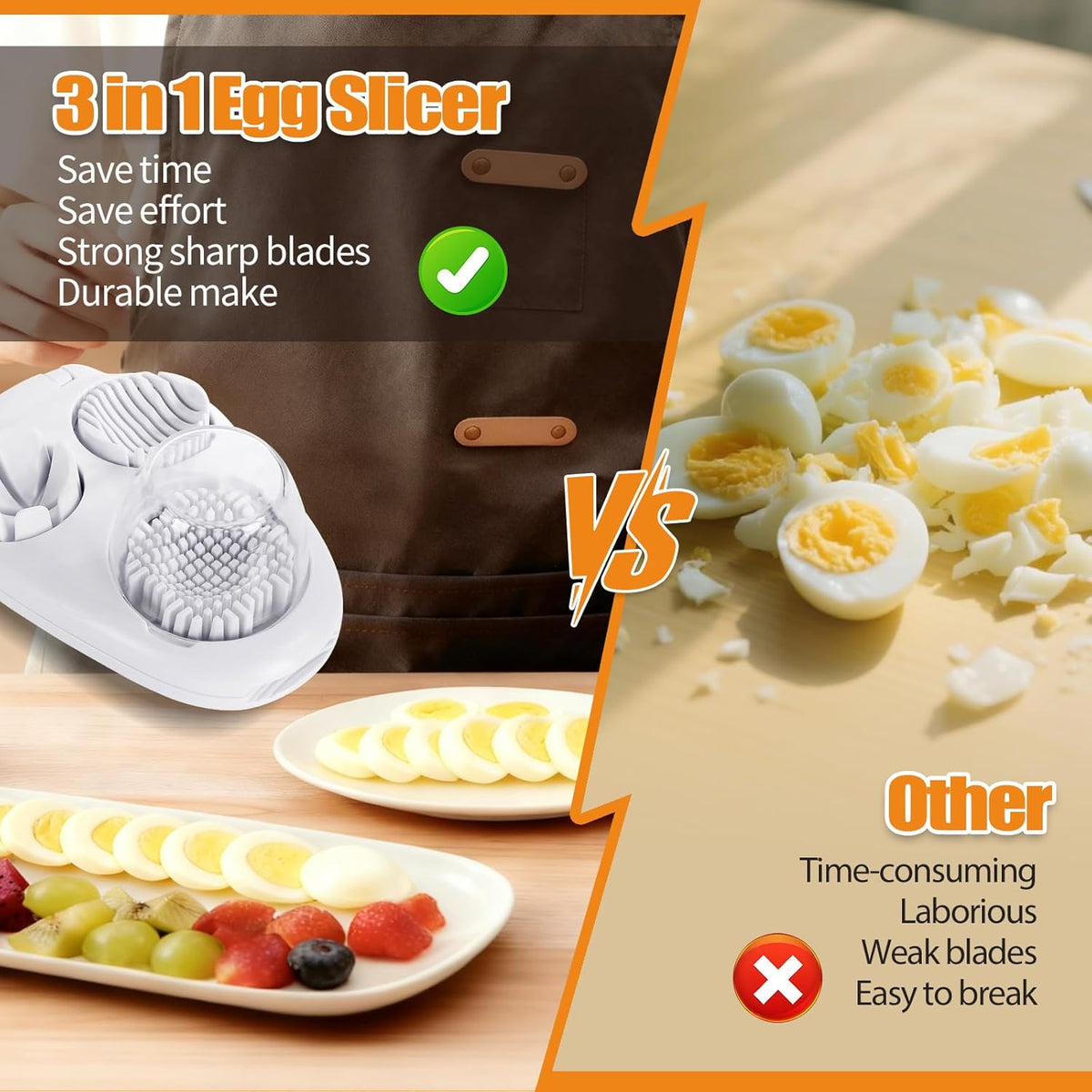 3-In-1egg Slicer For Hard Boiled Eggs,Stainless Heavy Duty Steel Egg Slicer Kitchen Gadget, Fit Strawberry,Apple,Banana,Cherry,Tomato,White