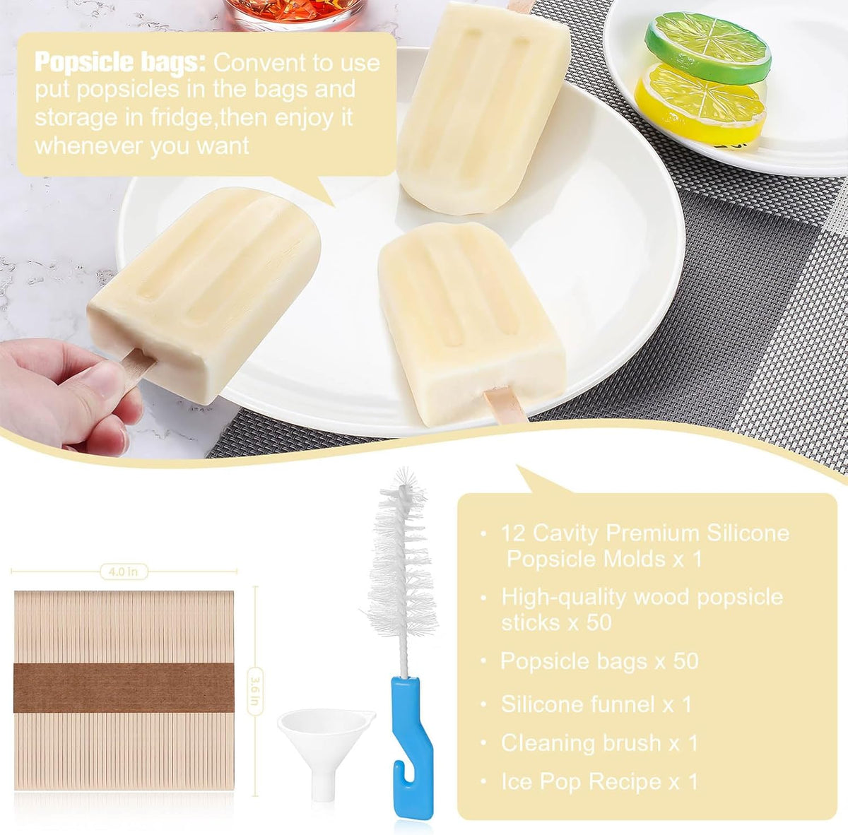 Silicone Popsicles Molds,Ice Pop Cream Mold Set Homemade Toddler Popsicle Maker For Kids Para Paletas De Helado Kulfi BPA Free, with 50 Sticks, 50 Bags,50 wire Ties (Yellow)