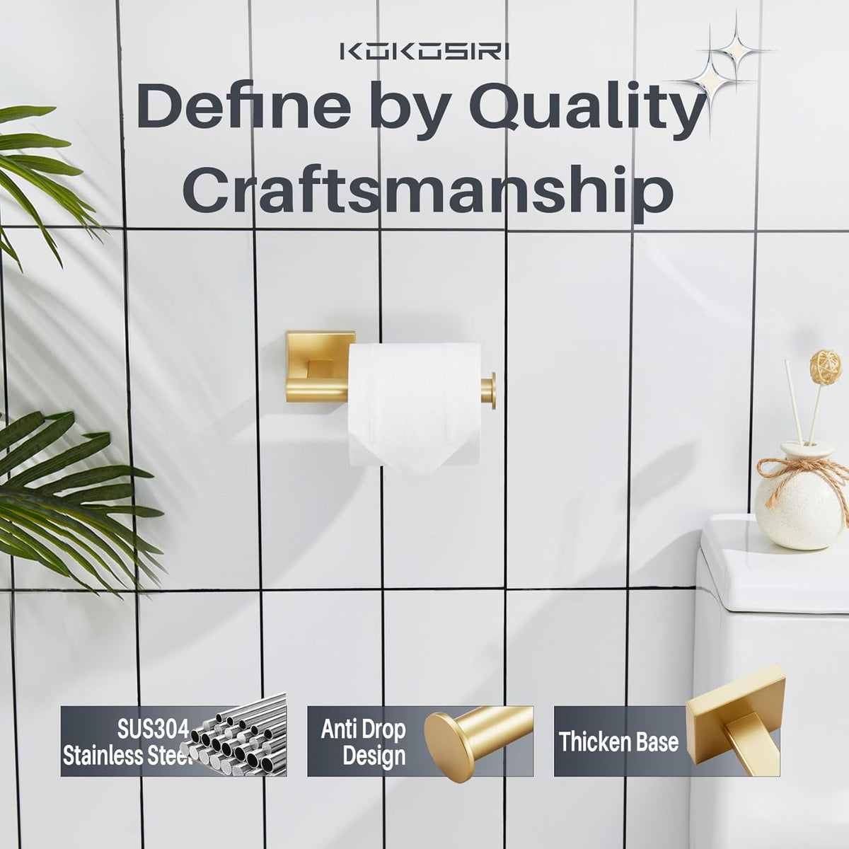 KOKOSIRI Toilet Paper Holder Tissue Paper Dispenser for Bathroom Toilet Roll Holder Wall Mounted, Brushed Gold Stainless Steel B2008BG