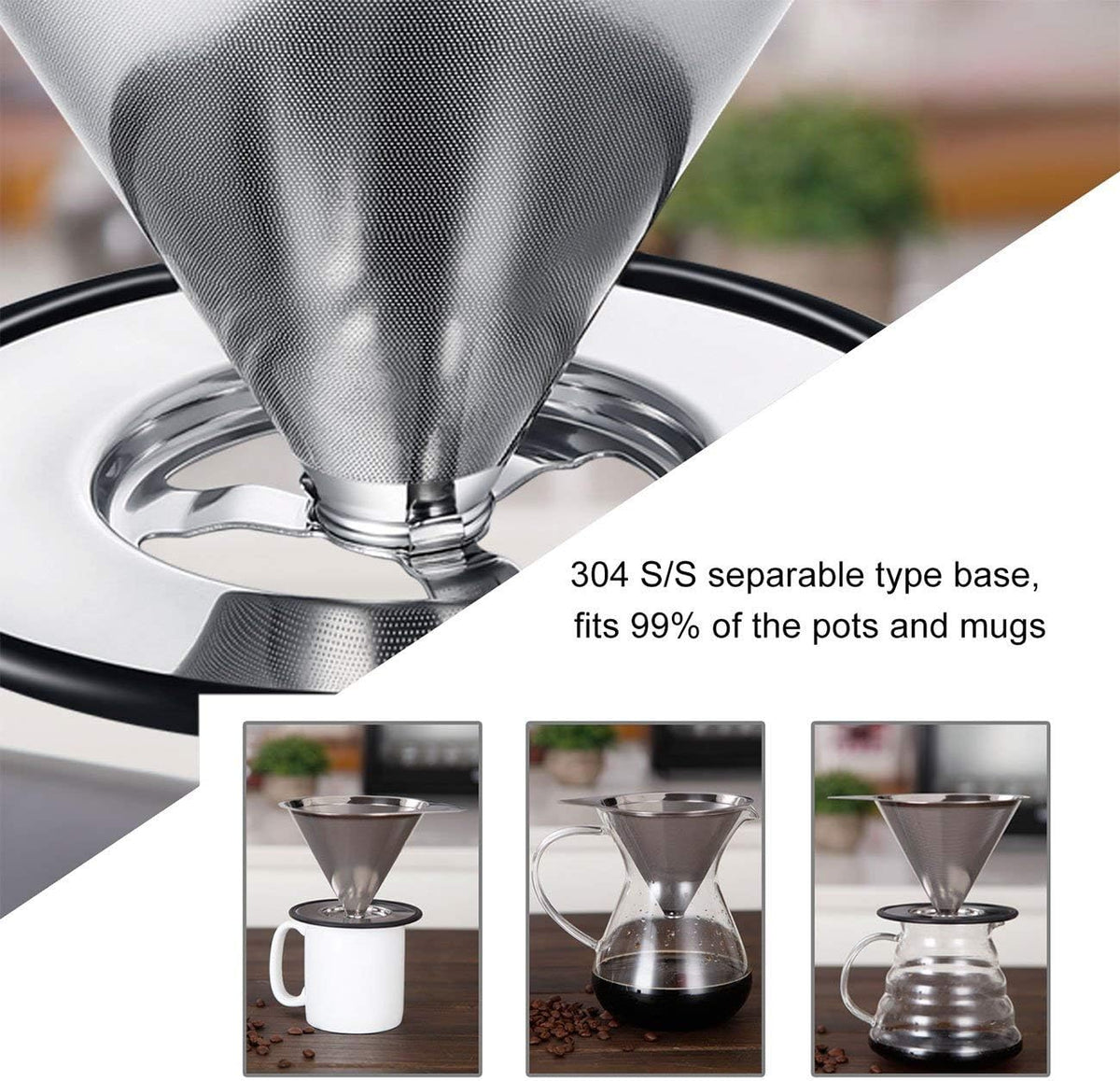 LHS Pour Over Coffee Dripper Stainless Steel Coffee Filter Metal Cone Filter Paperless Reusable Coffee Filter Single Cup Coffee Maker 1-2 Cup With Non-slip Cup Stand and Cleaning Brush