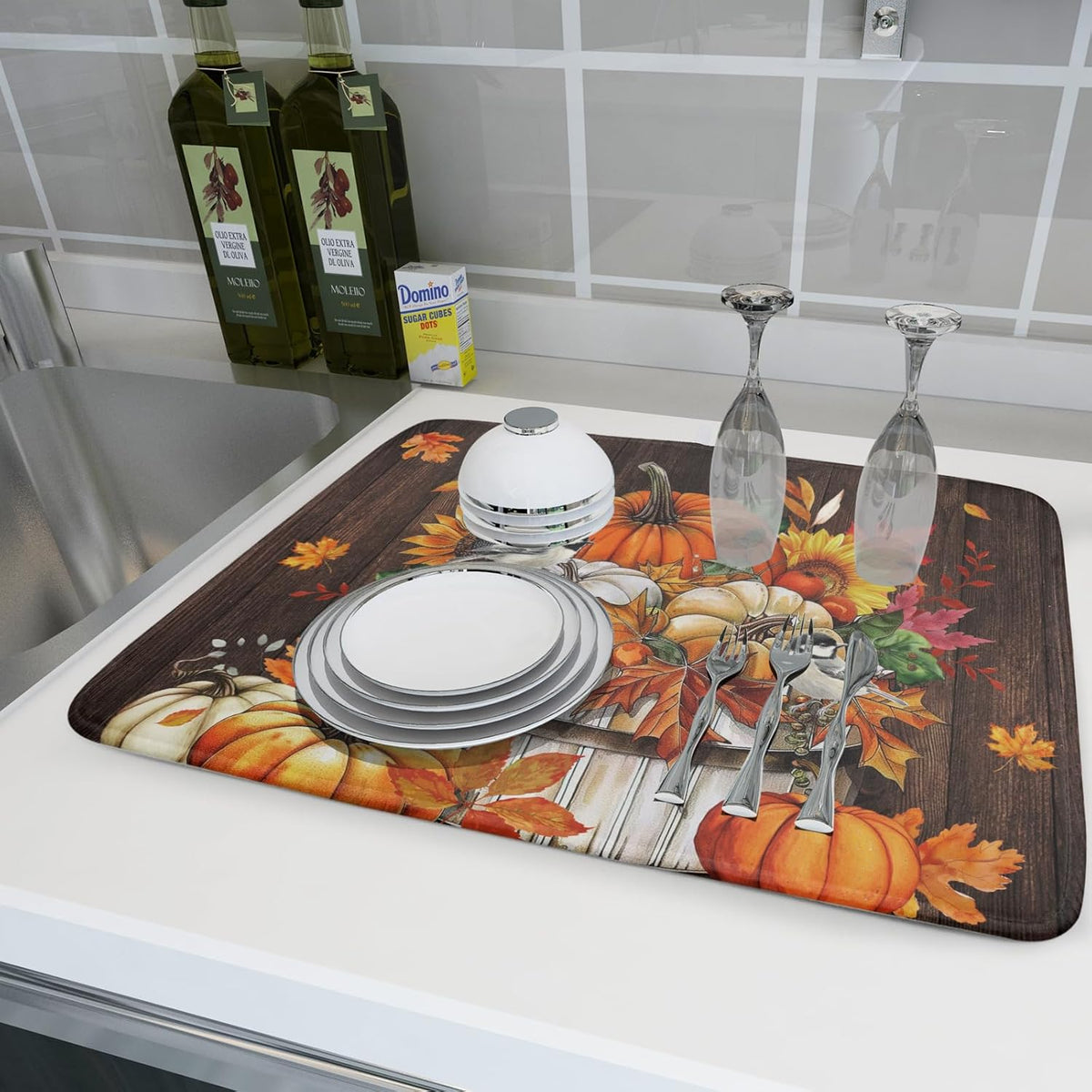 Fall Pumpkin Dish Drying Mat for Kitchen Counter Decor 18x24 Inch Halloween Thanksgiving Dish Drainer Mats Absorbent Reversible Dishes Pad
