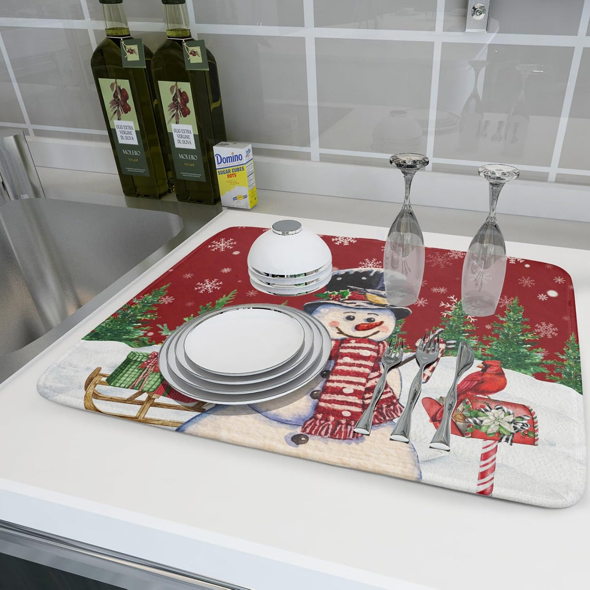Winter Snowman Dish Drying Mat Red Bird Microfiber Dish Pad 18x24 Inch Absorbent Fast Dry Dishes Draining Mats Holiday Kitchen Accessories
