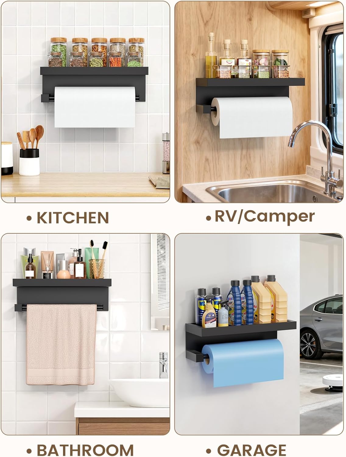 3-in-1 Paper Towel Holder Magnetic Adhesive Wall Mount - Paper Roll Holder with Shelf Under Cabinet, Kitchen Essentials for New Home Apartment Decor, RV Camper Organization Must Haves, Black