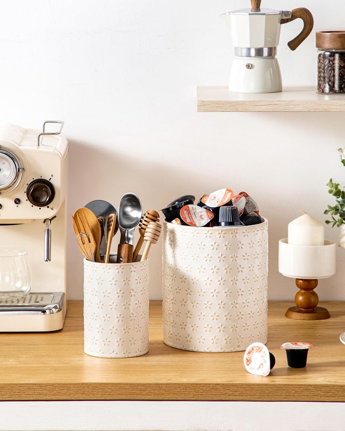 MALACASA LYDIA Ceramic Utensil Holders, 7.3"+5.5" Kitchen Utensil Crock Set for Countertop, Large & Small Utensil Organizers for Cooking Tools, Five-Leaf Grass Pattern