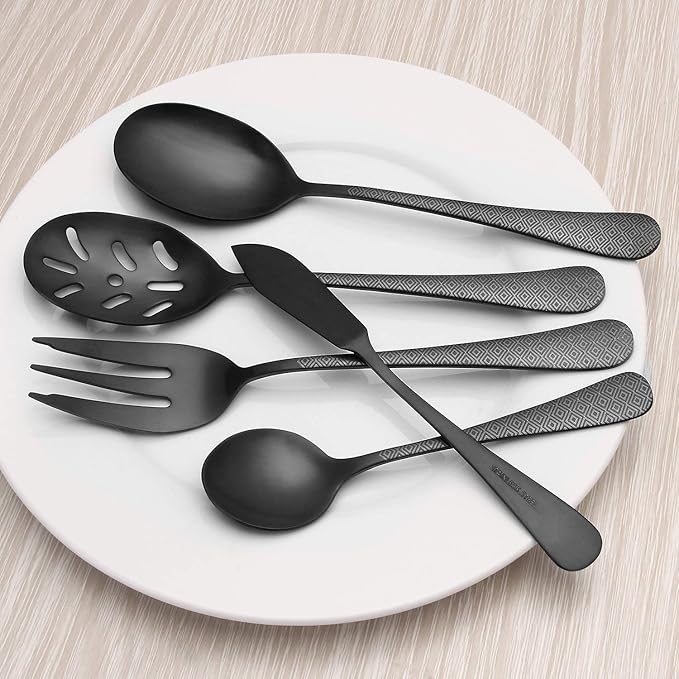 Matte Black Serving Set, sharecook 5-Piece 18/0 Stainless Steel Large Hostess Set with Round Edge, Satin Finished, Dishwasher Safe -Spoons, Forks,Butter Knife& Slotted Spoon