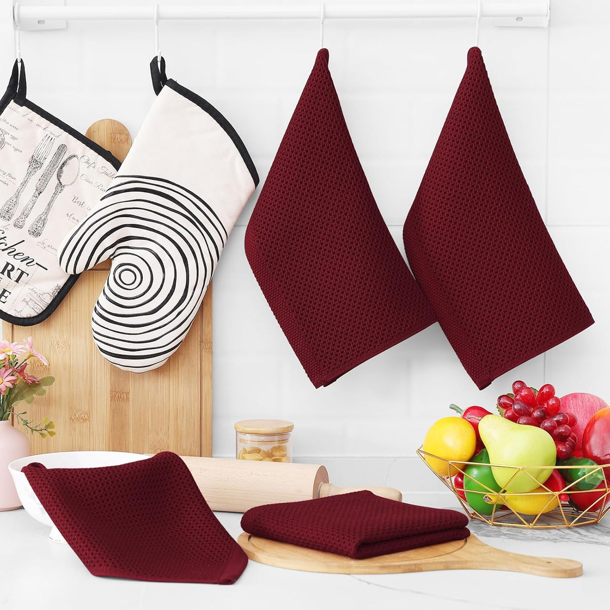 Homaxy 100% Cotton Waffle Weave Kitchen Dish Cloths, Ultra Soft Absorbent Quick Drying Dish Towels, 12 x 12 Inches, 8-Pack, Burgundy