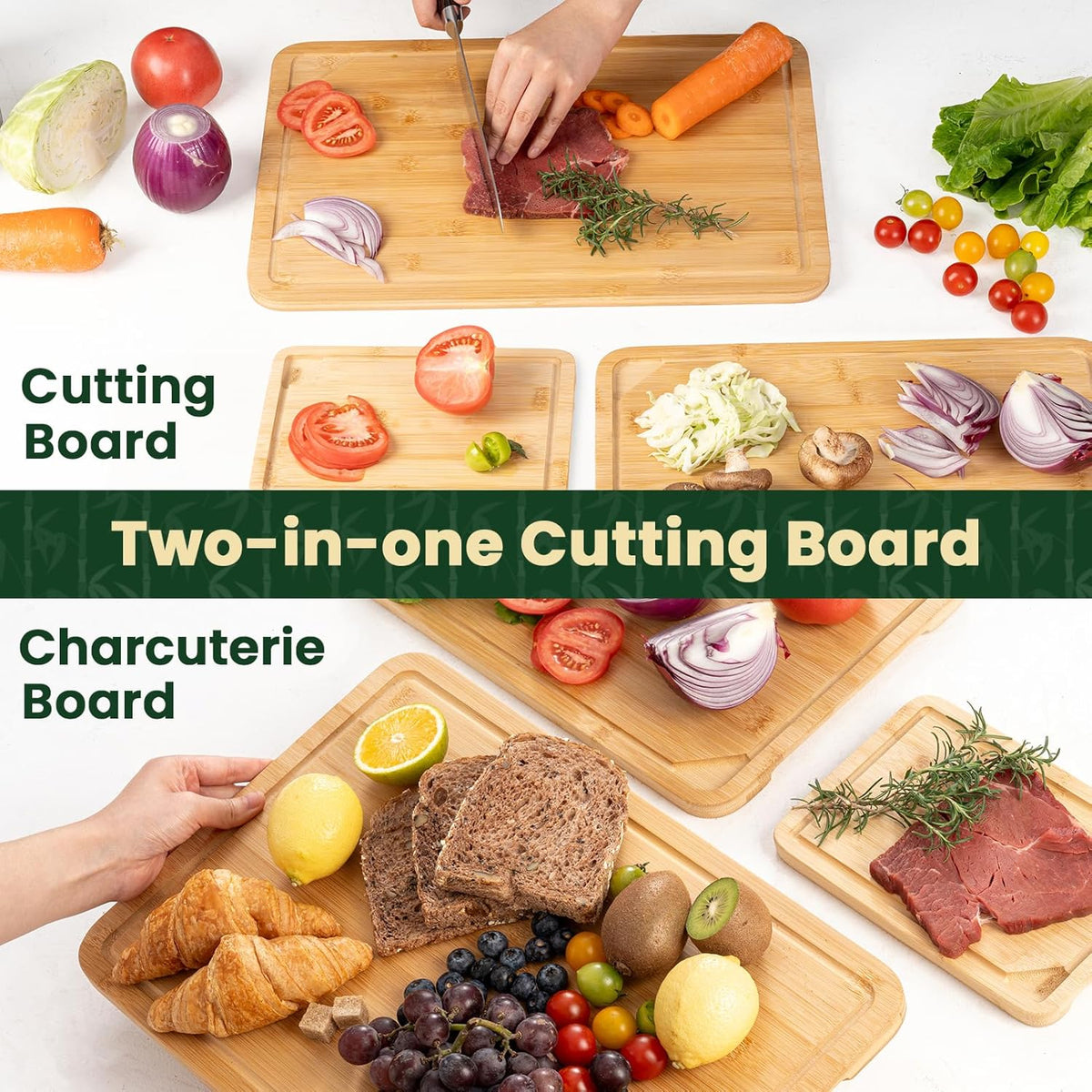 Heimlove Bamboo Cutting Board for Kitchen, 15 x 10 Large Cutting Board Charcuterie Boards with Juice Groove and Handles, Chopping Board for Meat, Vegetables and Cheese