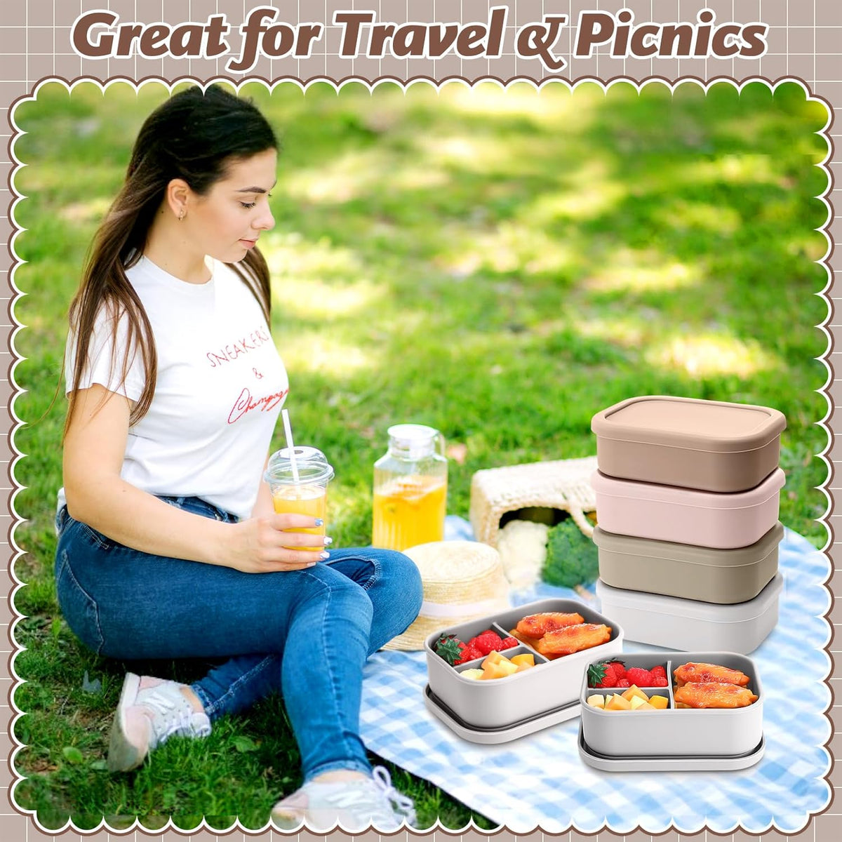 Honeydak 4 Pcs Silicone Bento Lunch Box 3 Compartment Reusable Leakproof Silicone Bento Lunch Container for Adults Microwave Dishwasher Freezer Safe(Bohemian Color)
