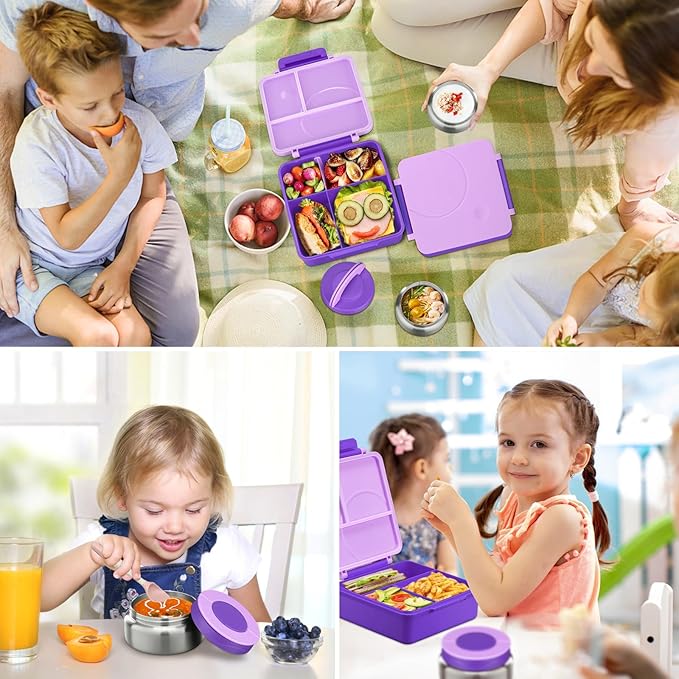 Bento Lunch Box Set for Kids with 8oz Soup Thermo, Leak-Proof Lunch Containers with 4 Compartment, Kids Thermo Hot Food Jar and Insulated Lunch Bag for Kid to School-Purple