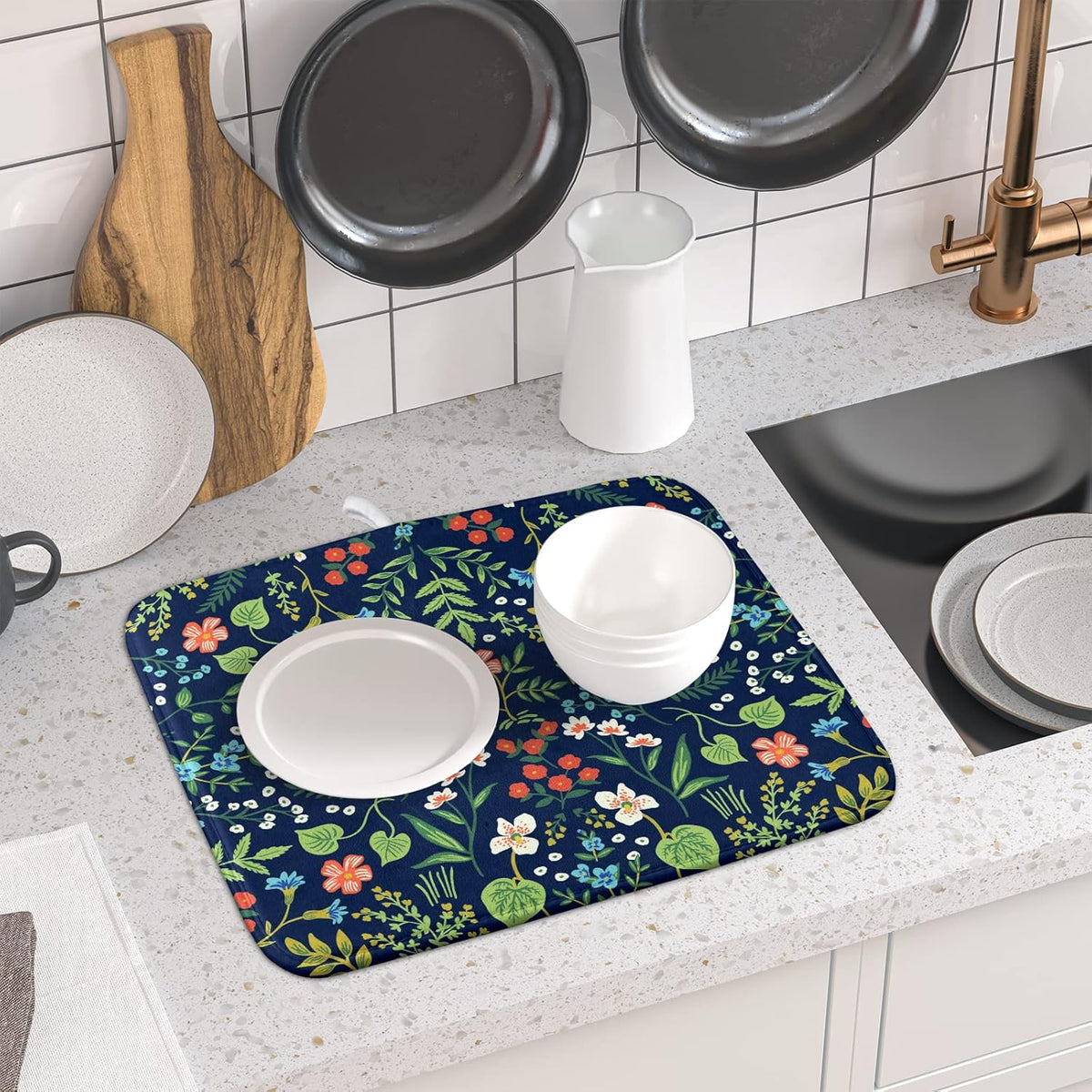 Flower Floral Dish Drying Mat 18x24 inch Microfiber Navy Blue Drying Mats with Hanging Loop Absorbent Green Leaves Dish Drainer Mat Reversible Flowers Drying Pad for Kitchen Counter Sink