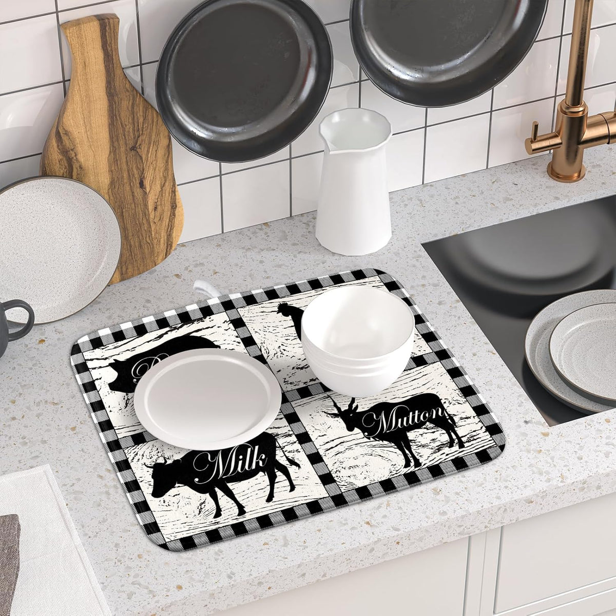 Farmhouse Animal Dish Drying Mat Buffalo Plaid Drainer Rack Mats Fast Dry Absorbent Kitchen Countertop Protector Dishes Pad 16x18 Inch