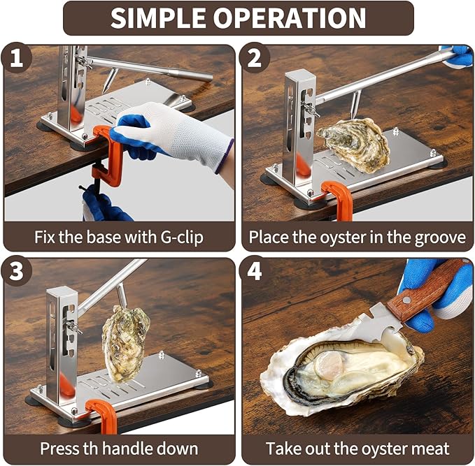 Oyster Clam Opener Machine Adjustable Oyster Shucker Machine 4-Level Tool Set, Portable Stainless Steel Clam Opener with Suction Cups, G-Clamp, Knives & Glove for Home Kitchen
