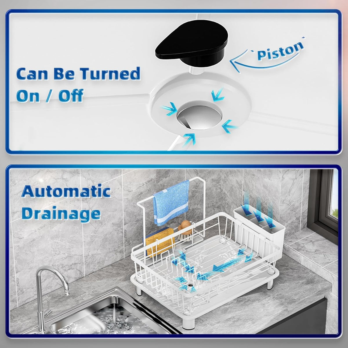Compact Dish Drying Rack, Dish Drainers for Kitchen Counter with Sponge Rack, Kitchen Drying Rack with Drainboard, Utensil Holder and Automatic Drainage Drainboard, White