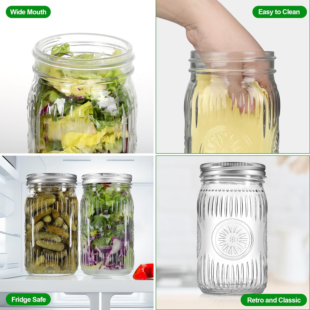 6 Pack 32 oz Wide Mouth Mason Jars with Airtight Lids - Glass Canning Jars for Food Preservation, Storage, Pickling, Crafts & DIY Projects, Durable Quart Glass Jars Dishwasher Safe