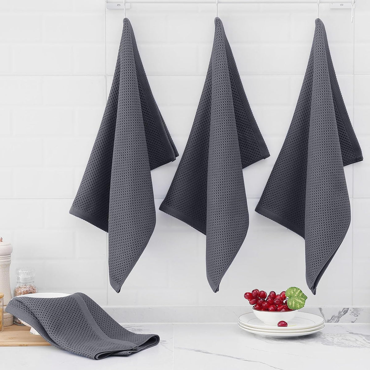 Homaxy 100% Cotton Oversized Waffle Weave Kitchen Dish Towels, Ultra Soft Absorbent Quick Drying Cleaning Towel, 20 x 28 Inches, 6-Pack, Dark Grey