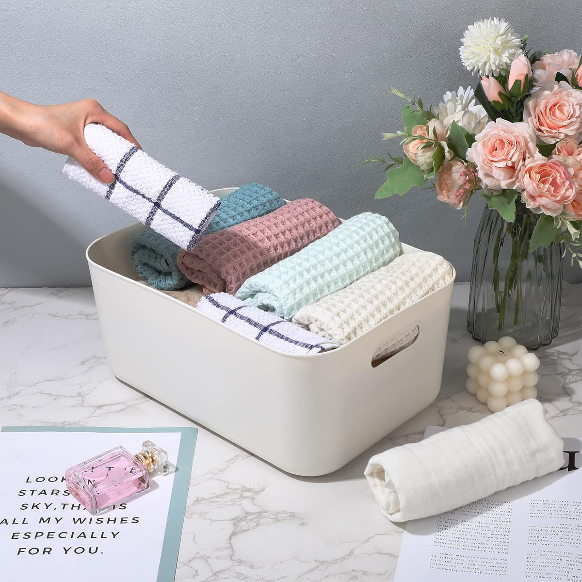 Zopeal Plastic Storage Bins 10 Pcs White Pantry Organizer Bins Small Baskets Storage Containers for Home Kitchen (14 x 10.5 x 6.4 Inch)