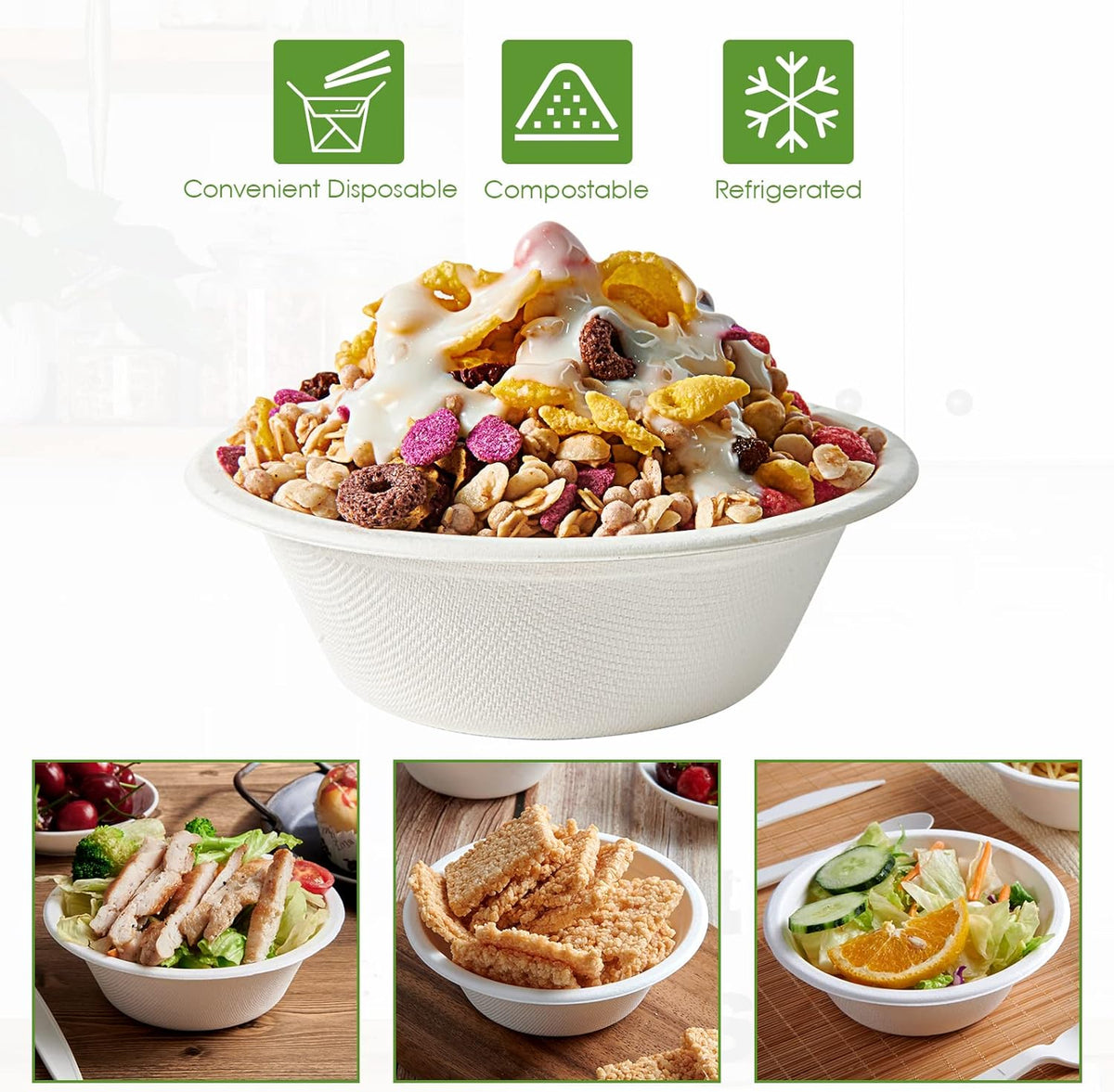 Vplus 200 Pack 12 OZ Paper Bowls, Disposable Compostable Bowls Bulk, Eco-friendly Bagasse Bowls, Heavy-duty Bowls Perfect for Milk Cereals, Snacks, Salads