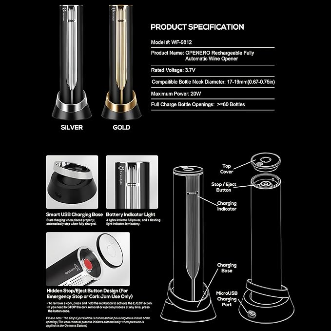 VINOWAKE Openero Electric Wine Opener By LINKSTYLE — Rechargeable Battery with Charging Base, Precision Steel Foil Cutter, Luxurious Matte Finish