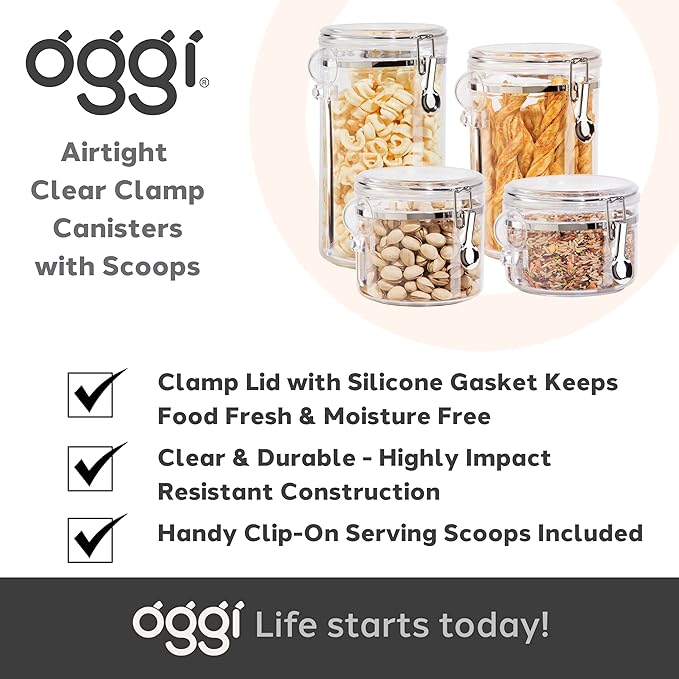 OGGI Clear Canister Airtight 61oz - Clamp Lid & Spoon - Airtight Food Storage Containers, Ideal for Kitchen & Pantry Storage of Bulk, Dry Food Including Flour, Sugar, Coffee, Rice, Tea, Spices & Herbs
