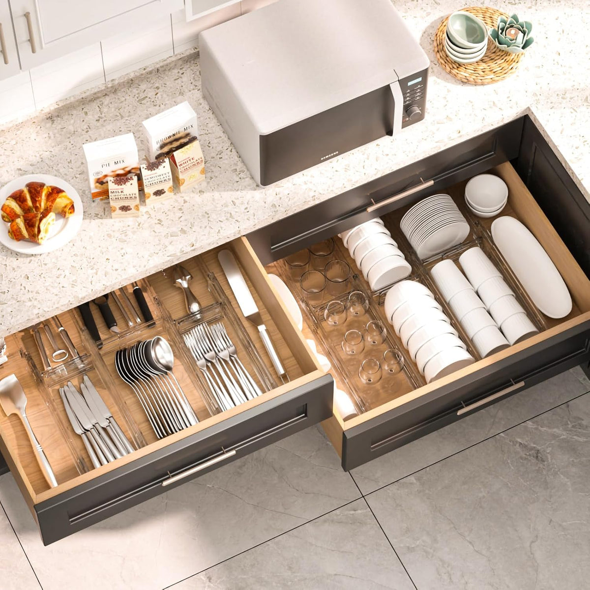 HiYZ Expandable Drawer Dividers with Inserts - 2.36'' High Adjustable Drawer Organizers Separators for Kitchen, Bedroom, Dresser, Office, 8 Long Dividers(12.6-22.8'') with 16 Inserts(3.9-7.1'')-Clear
