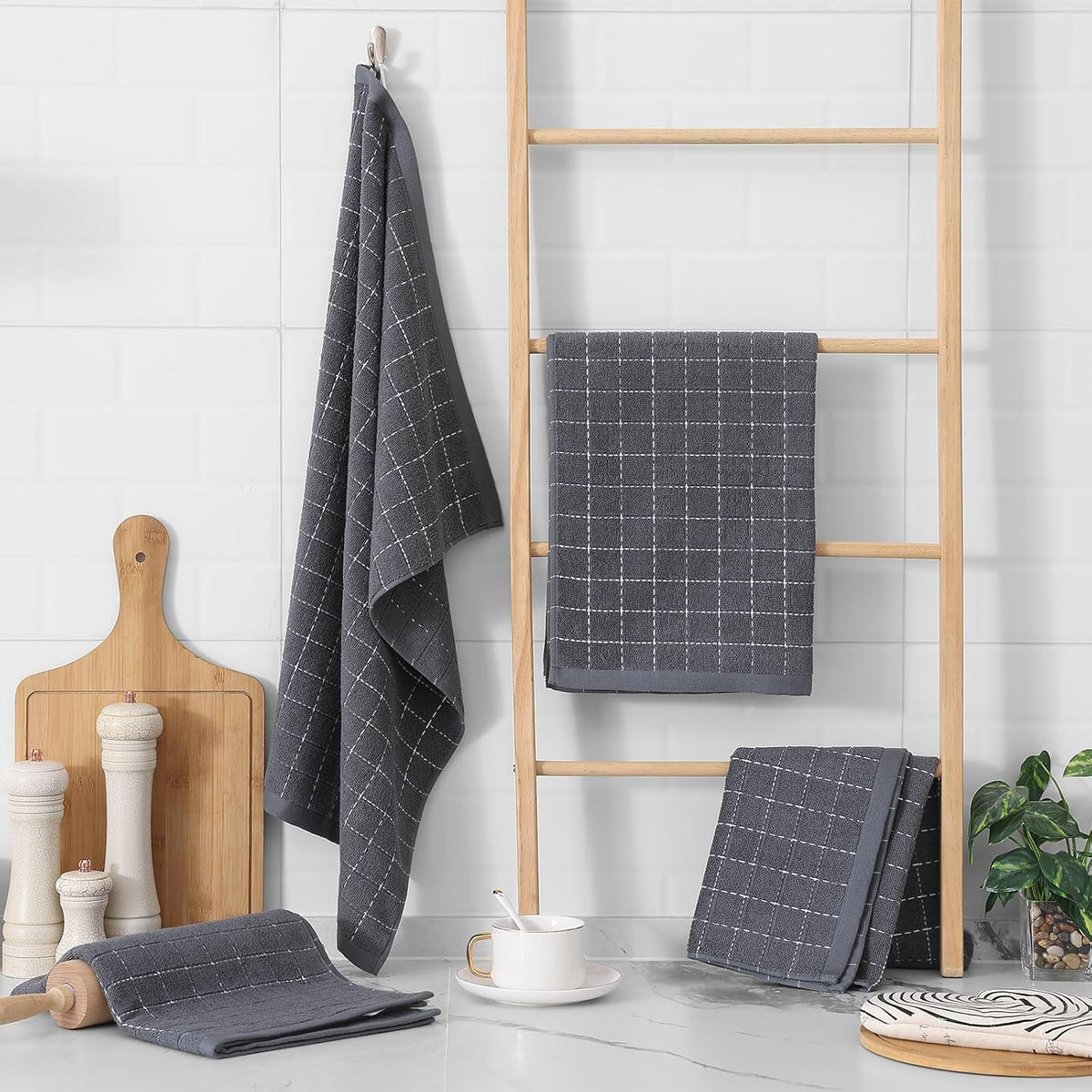 Homaxy 100% Cotton Terry Kitchen Towels(Dark Grey, 20 x 28 inches), Checkered Designed, Soft and Super Absorbent Dish Towels, Large 4 Pack