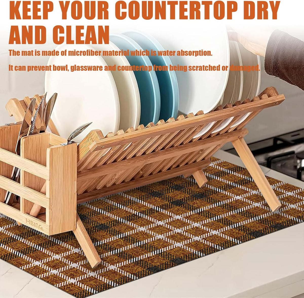 Brown Plaid Dish Drying Mat for Kitchen Counter Microfiber Absorbent Dish Kitchen Drying Mat Draining Reusable Washable for Dishes/Utensils/Counterto