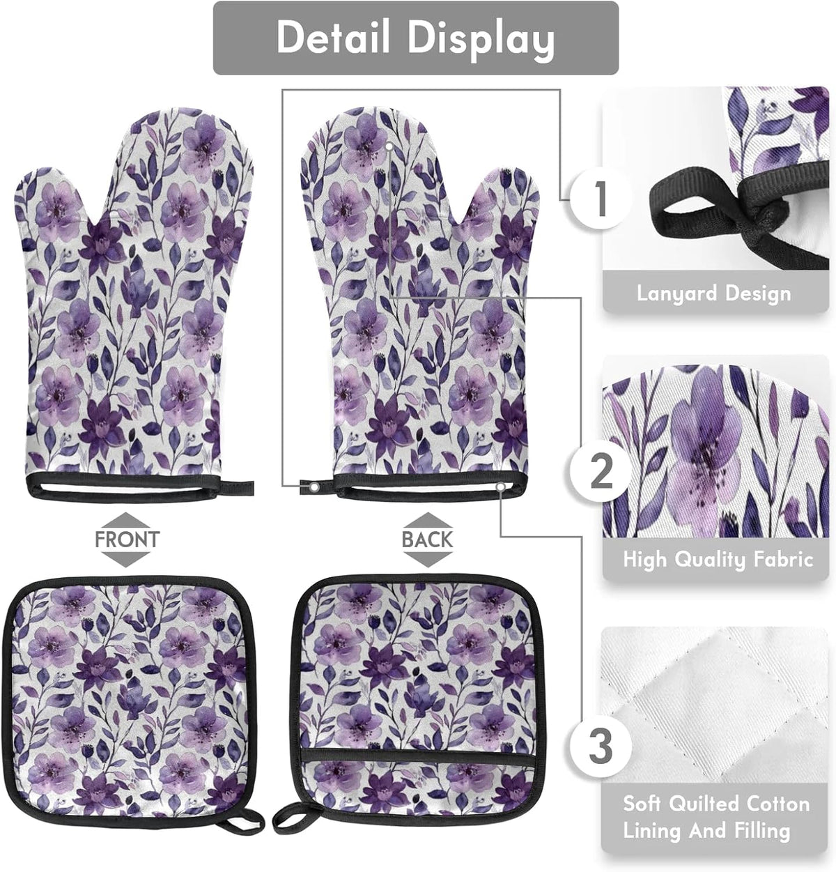 Flower Oven Mitts and Pot Holders Sets, 2 Pcs Purple Floral Decorative Kitchen Oven Glove for Cooking