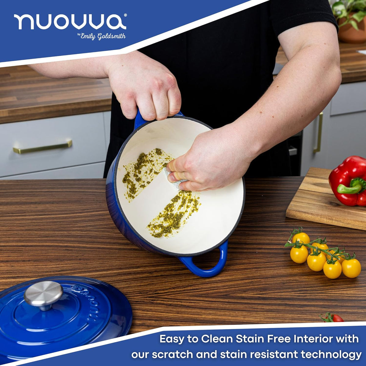 Cast Iron Pot with Lid – Non-Stick Ovenproof Enamelled Casserole Pot, Oven Safe up to 500° F – Sturdy Dutch Oven Cookware – Dark Blue, 5-Quart, 24cm – by Nuovva
