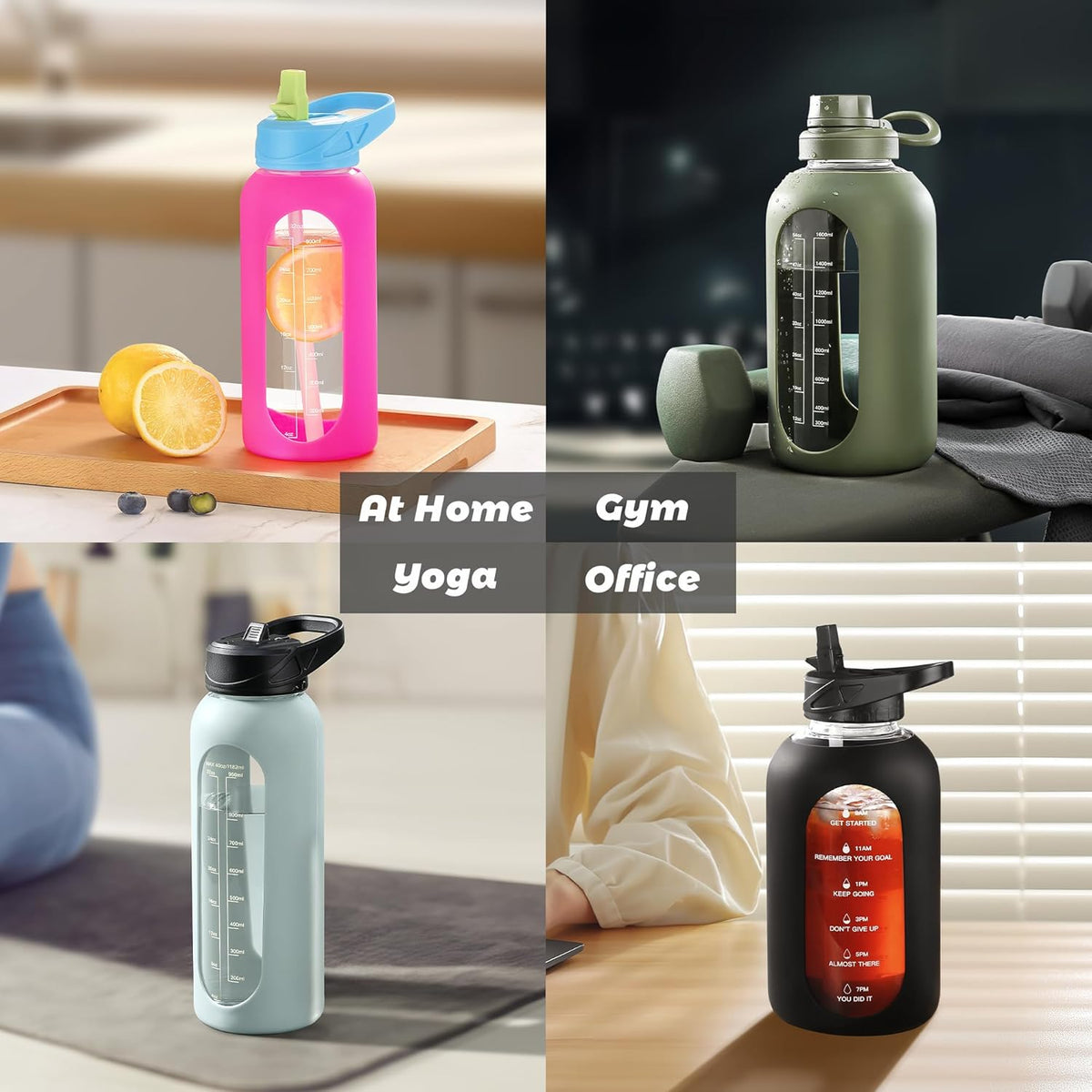CIVAGO 40 oz Glass Water Bottle with Straw and Handle, Large Sports Motivational Water Bottle Flask with Time Marker and 2 Lids, Leakproof Water Jug Canteen with Silicone Sleeve for Gym,Black
