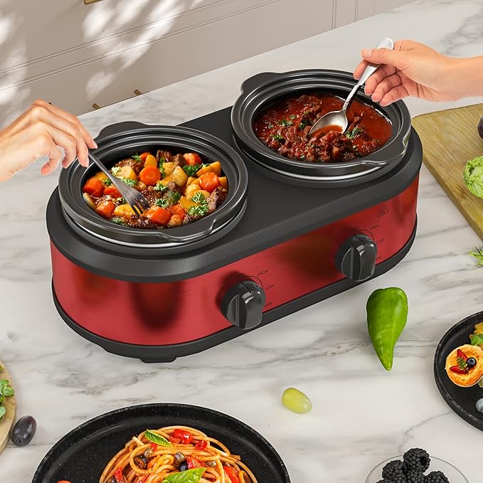 Double Slow Cooker, 2 x 1.25 QT Portable Small Dual Crock Cooker, Buffet Servers and Warmers Dishwasher Safe, Removable Ceramic Pot Glass Lid, Stainless Steel Red