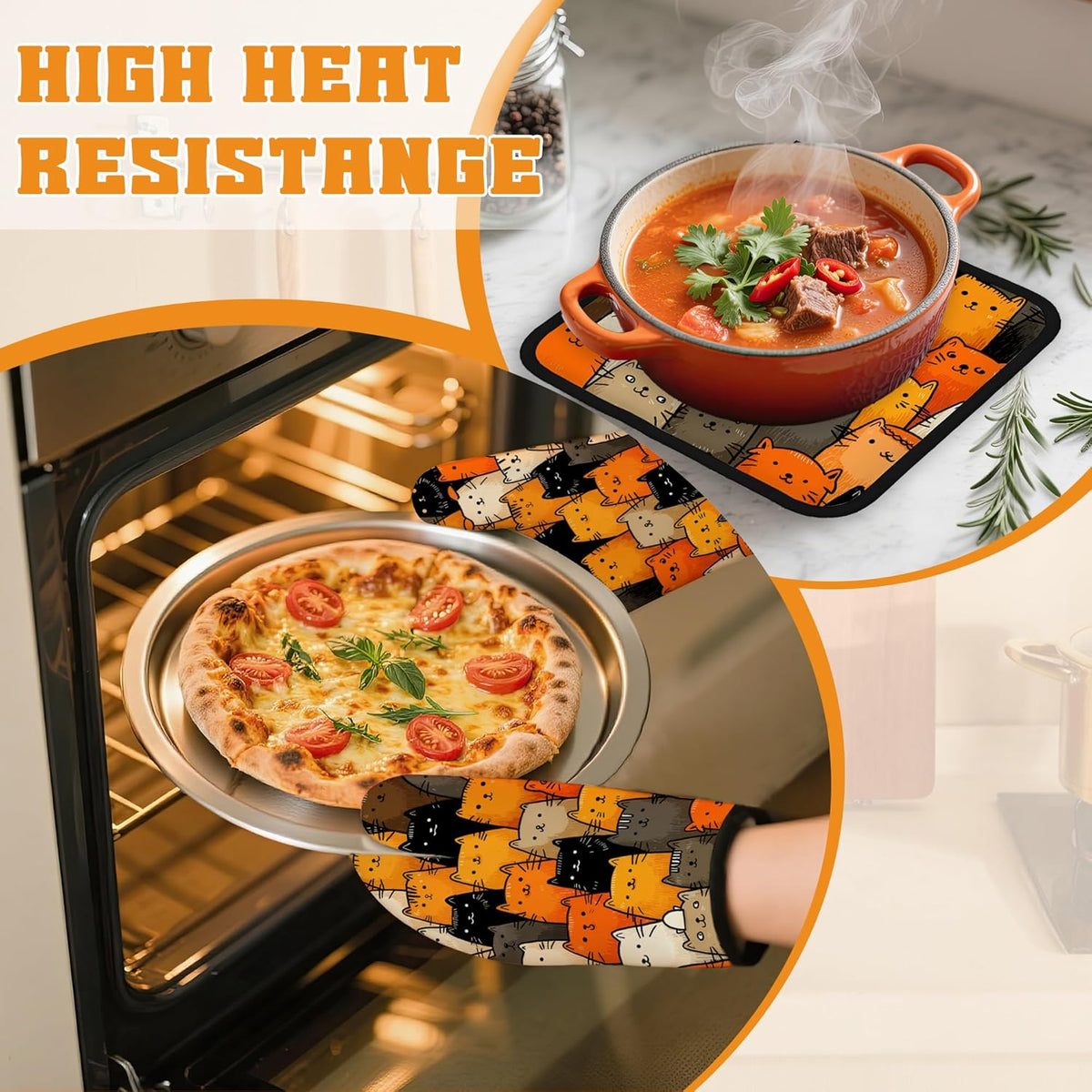 Funny Cute Cat Oven Mitts and Pot Holders Set,Kitchen Decor Heat Resistant Non Slip Hot Pads and Oven Mitt for Chef Cooking Baking BBQ Mom Girl Gifts(4 Piece Set)