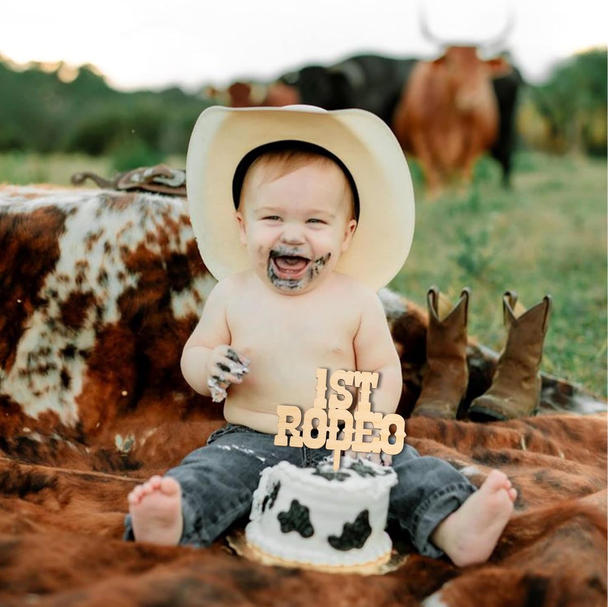 1st Rodeo Cake Topper - Western Theme First Birthday Cake Decoration, Suitable for Baby Shower Favors, Anniversary or Photo Booth Props