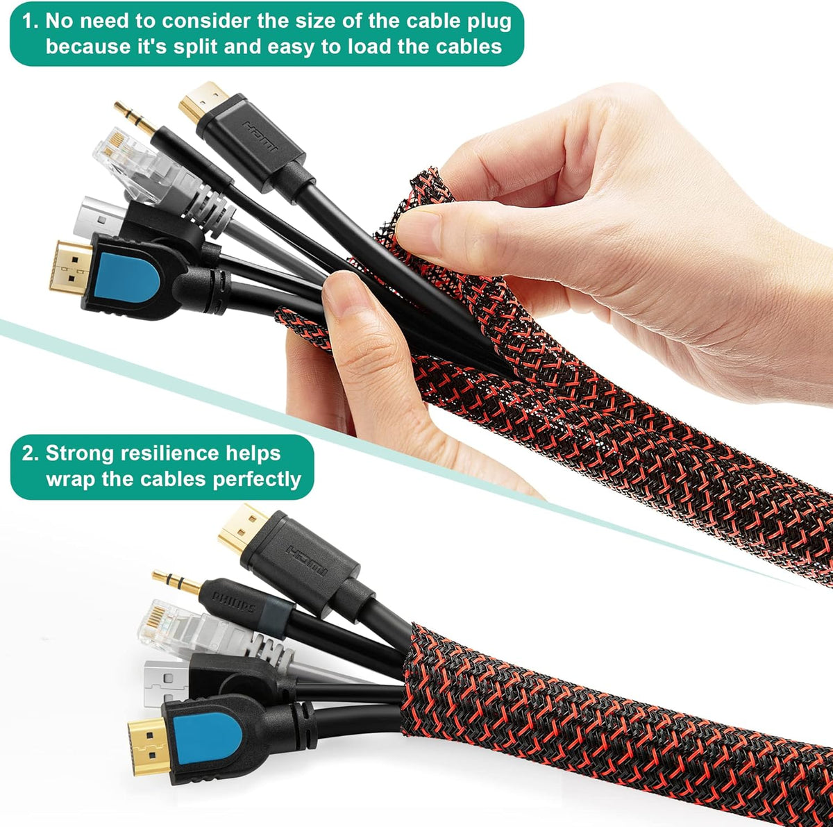 ZhiYo 6.6ft - 1/2 inch Cable Sleeve, Cord Wrap Wire Protector Tubing for Pets, PC Cable Wrap, Computer Cable Management Sleeve - Black - Red
