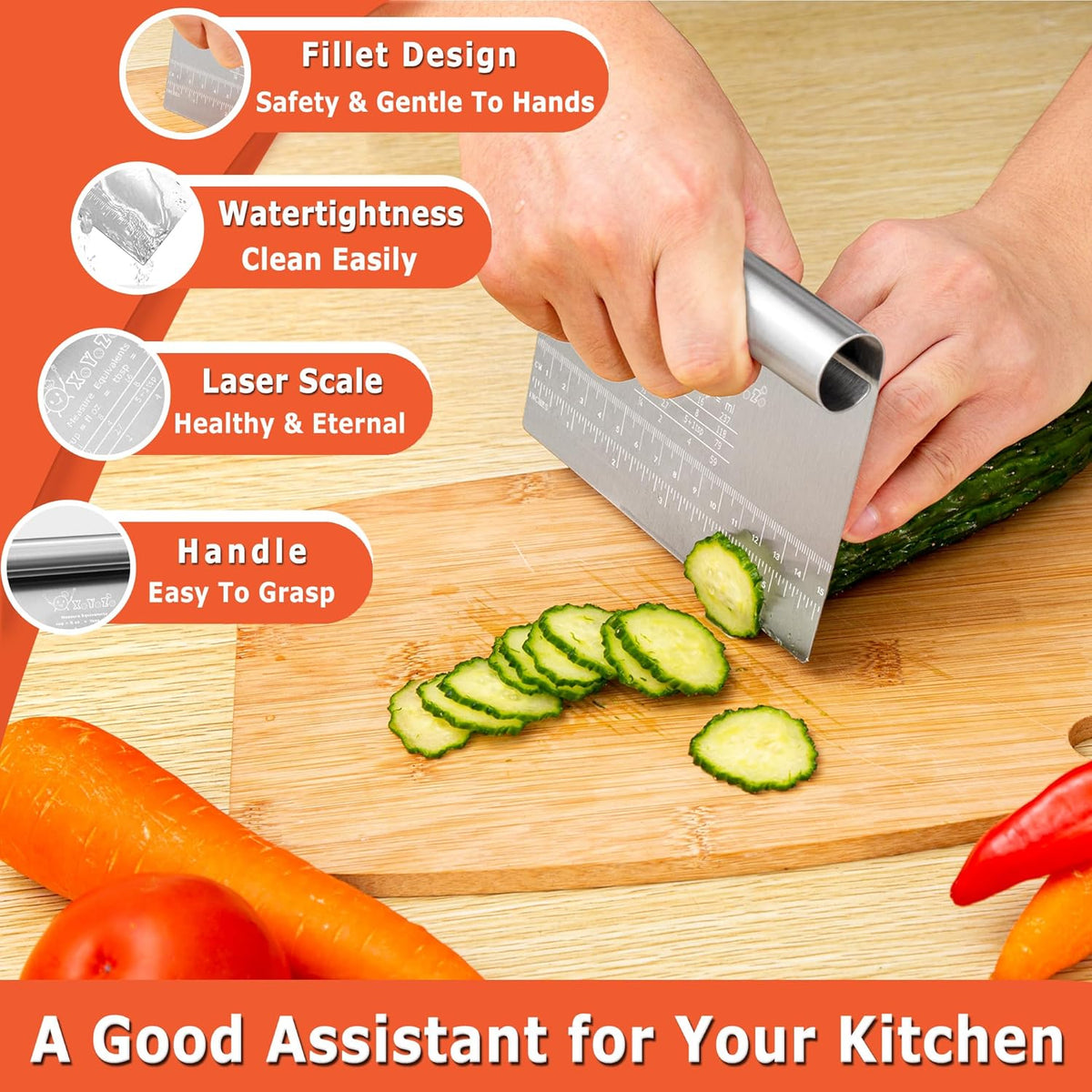 Bench Scraper Dough Chopper Onion Holder for Slicing Slicer Onion Cutter with Protective Cover and Anti-Slip Handle Stainless Steel Chopper for Potato, Tomato, Avocados, Eggs, Vegetable, Onions