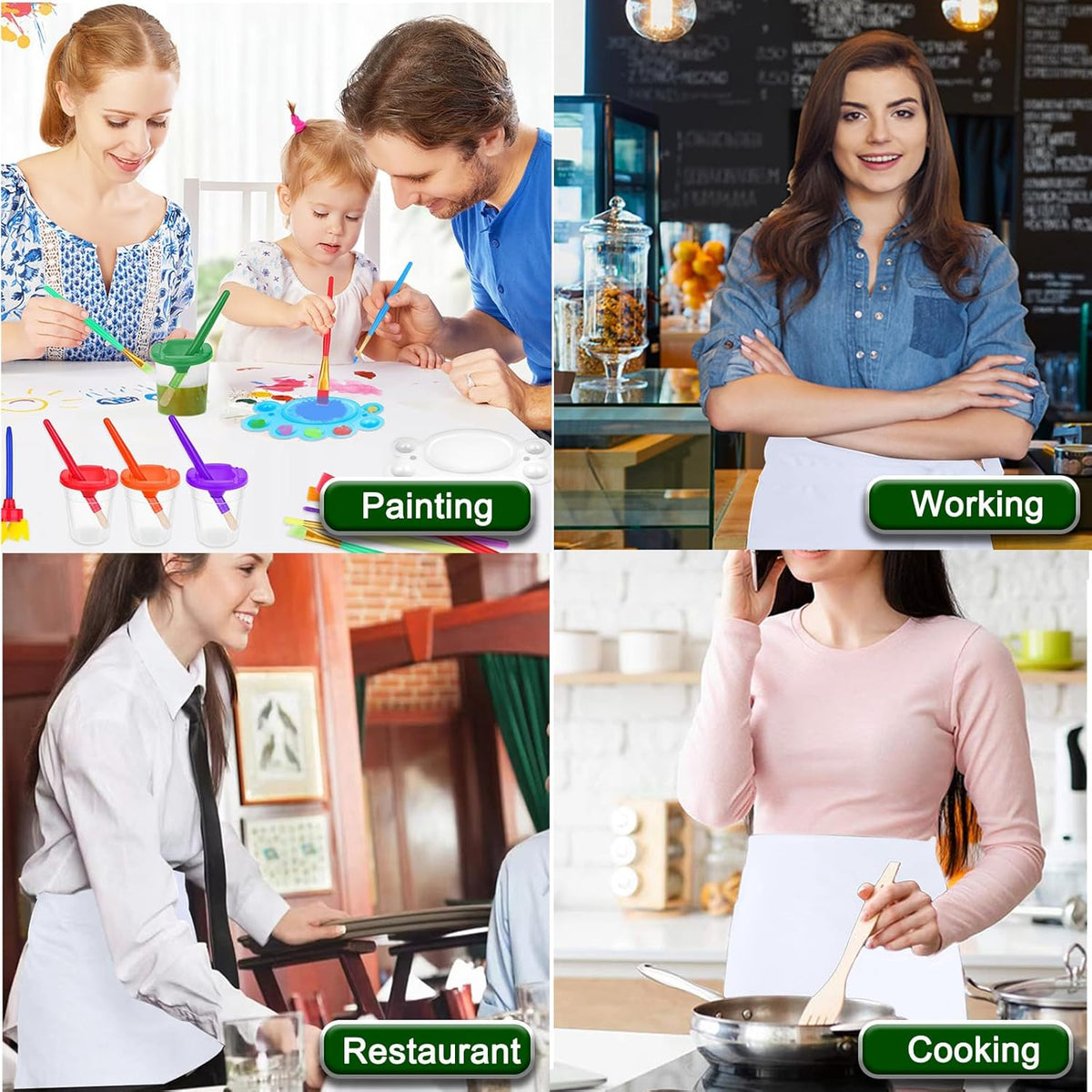 4 Pack Short Server Waitress Chef Apron, White Waist Aprons with 3 Pockets for Women Men, Half Apron for Waiter Cooking Dishwashing Cleaning Painting Gardening Barbecue (Polycotton - White)