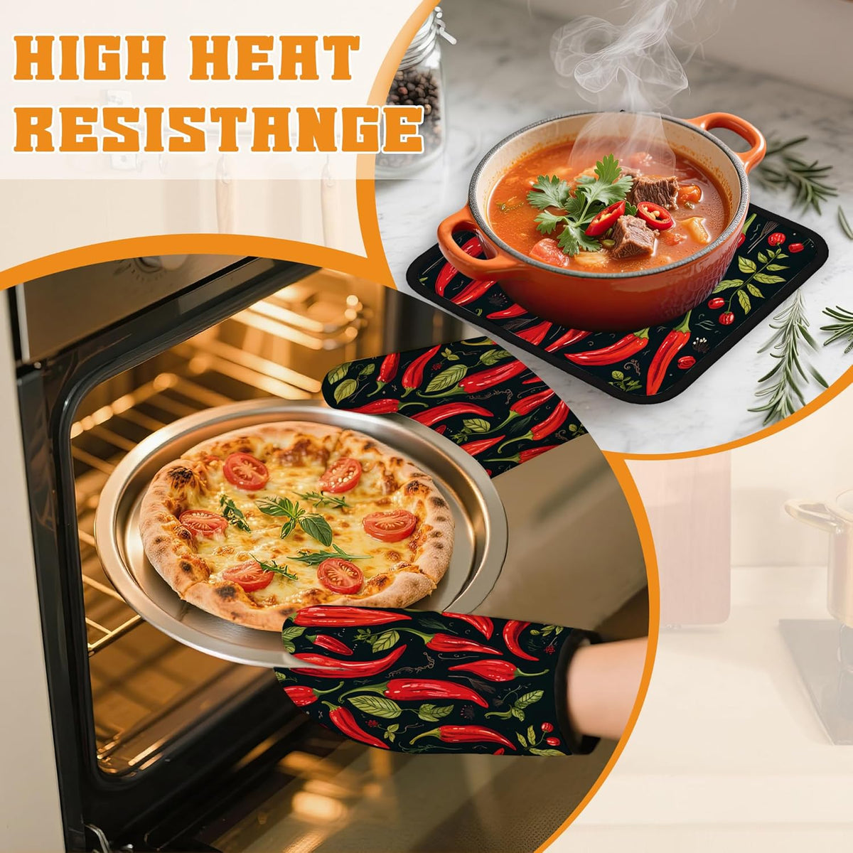Red Pepper Oven Mitts and Pot Holders Set,Kitchen Oven Gloves and Pot Holder with Heat Resistant Non Slip for Cooking Baking Grilling(4 Piece Set)