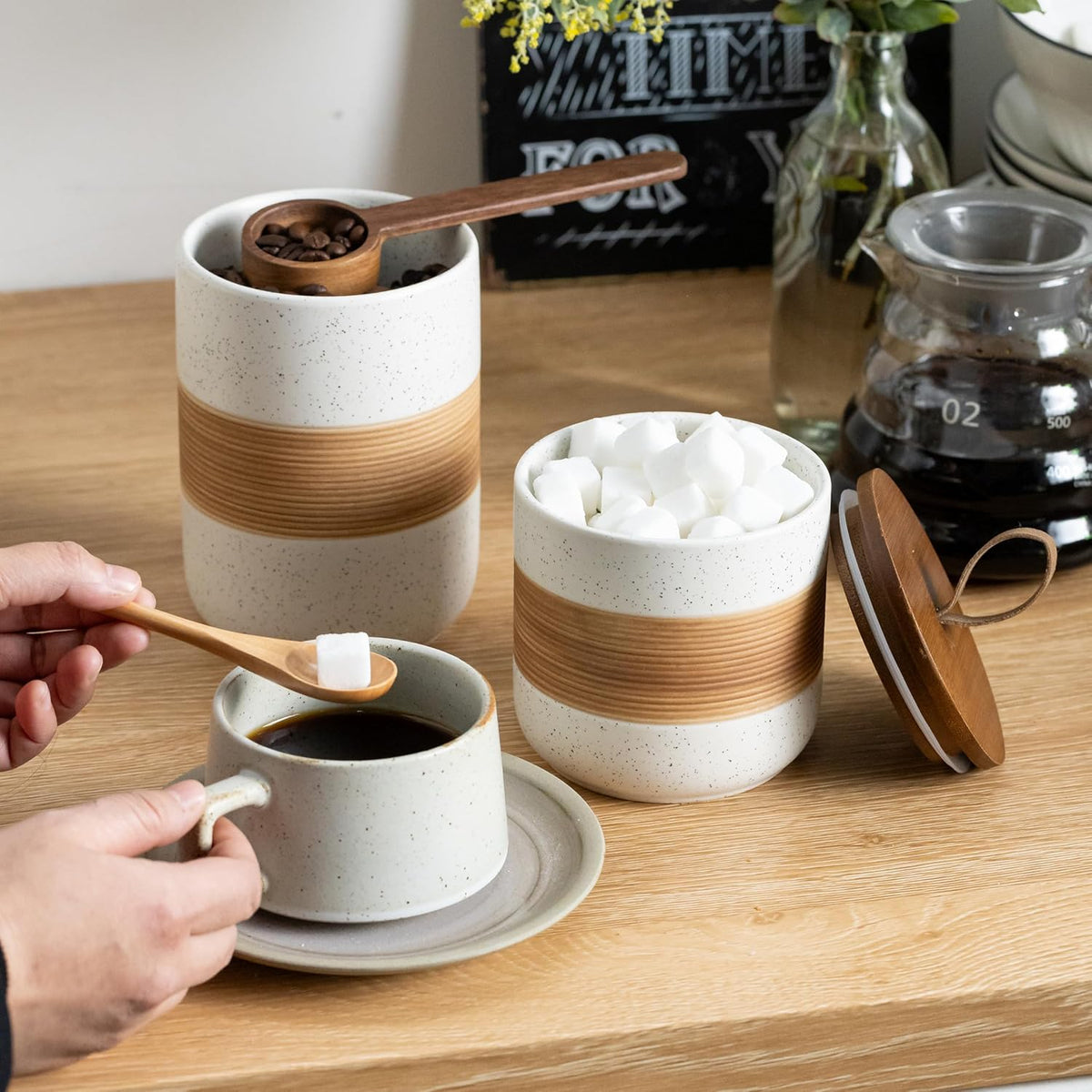 Spice Jars with Lid, Coffee Container Kitchen Food Storage Jars for Spice Sugar Tea Bag, Stackable Decorative Jars for Countertop, White & 37oz