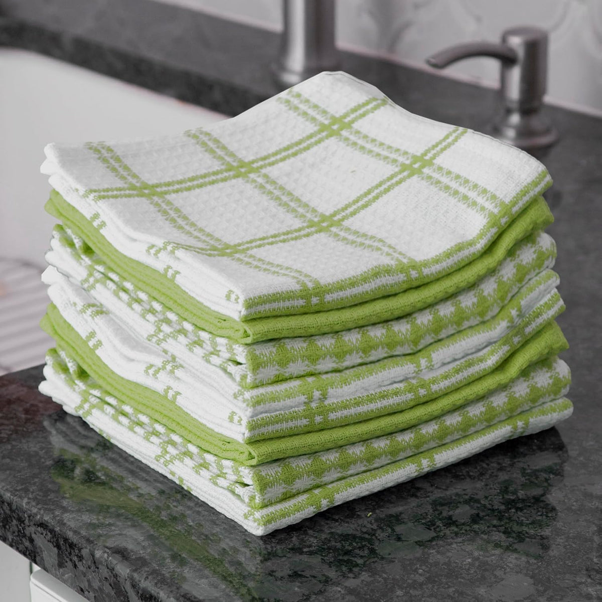 T-fal Premium Waffle Dish Cloths: Highly Absorbent, Super Soft Long Lasting - 100% Cotton, 12"x13" Towel for Cleaning & Drying, (8-Pack), Green