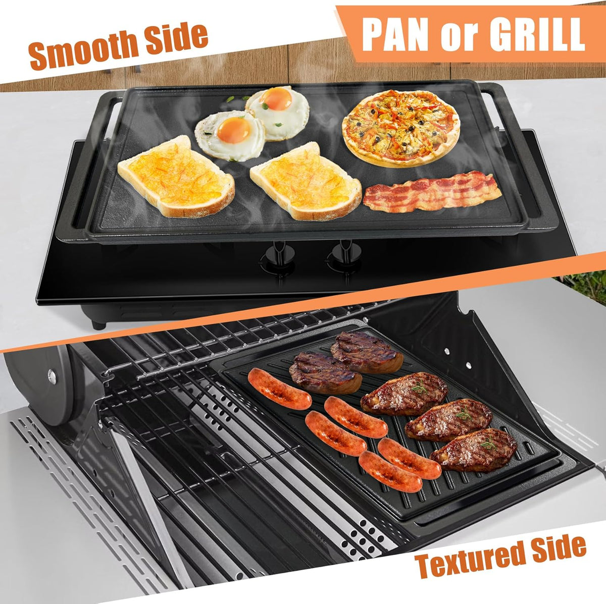 Cast Iron Griddle for Stove Top Large Flat Top Double Griddle Pan for Gas Grill, Fits Two Burners, for Gas, Electric, Ceramic Stovetops, Indoor & Outdoor Cooking - 19" x 10"