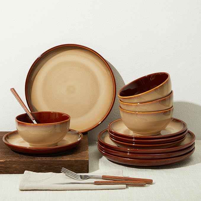 Stoneware Dinnerware Sets, Ceramic Plates and Bowls Set, Microwave & Dishwasher Safe Kitchen Dish Set, Modern Dinner Salad Plates | Cereal Bowls for 4, Dishware Sets Brown Yellow