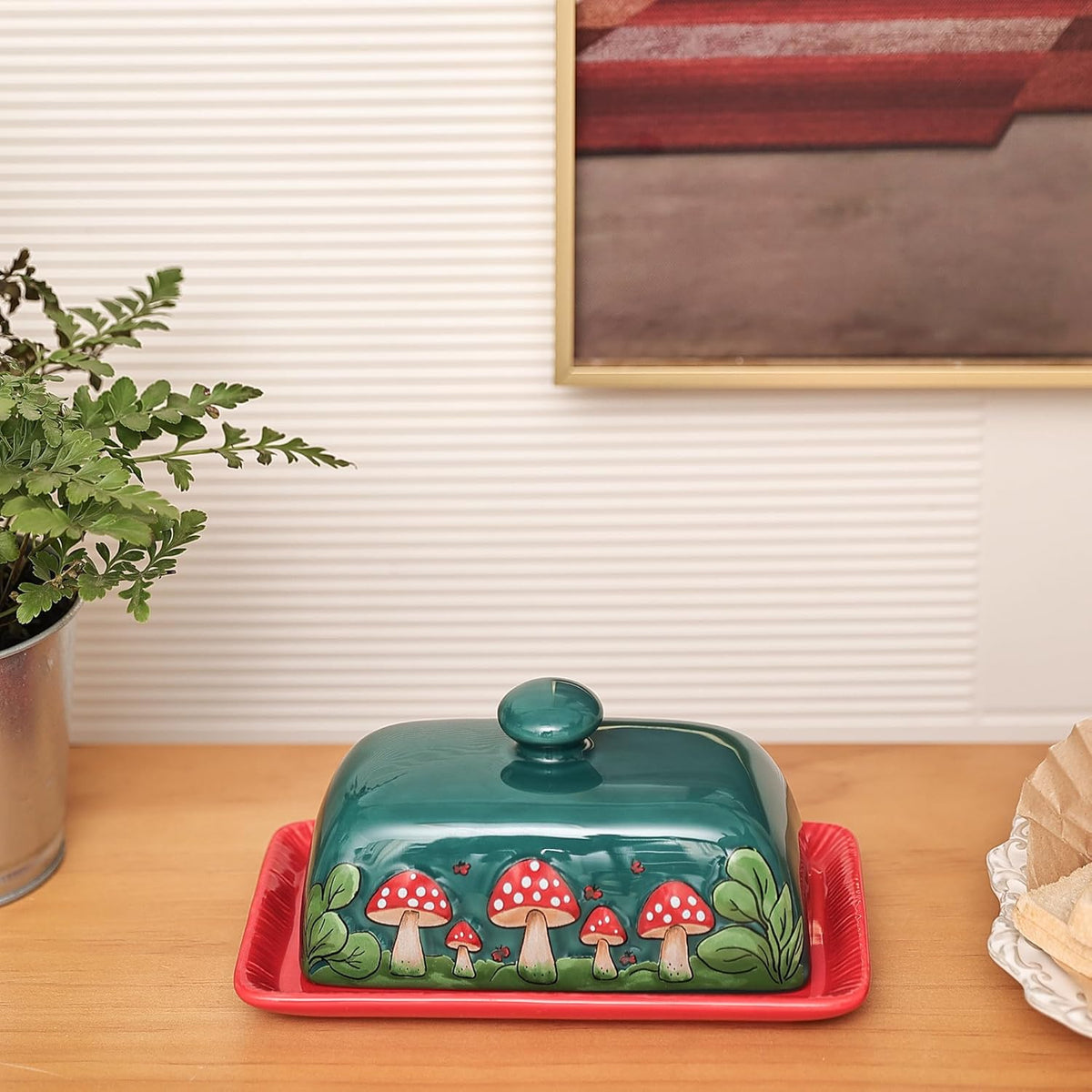 Fungi Fun Mushroom Butter Dish With Lid – Cute Cottagecore Ceramic Storage Container, Vintage French Covered Tray, Boho Farmhouse Kitchen Decor Gift, Unique Countertop Holder (Dark Green, Standard)