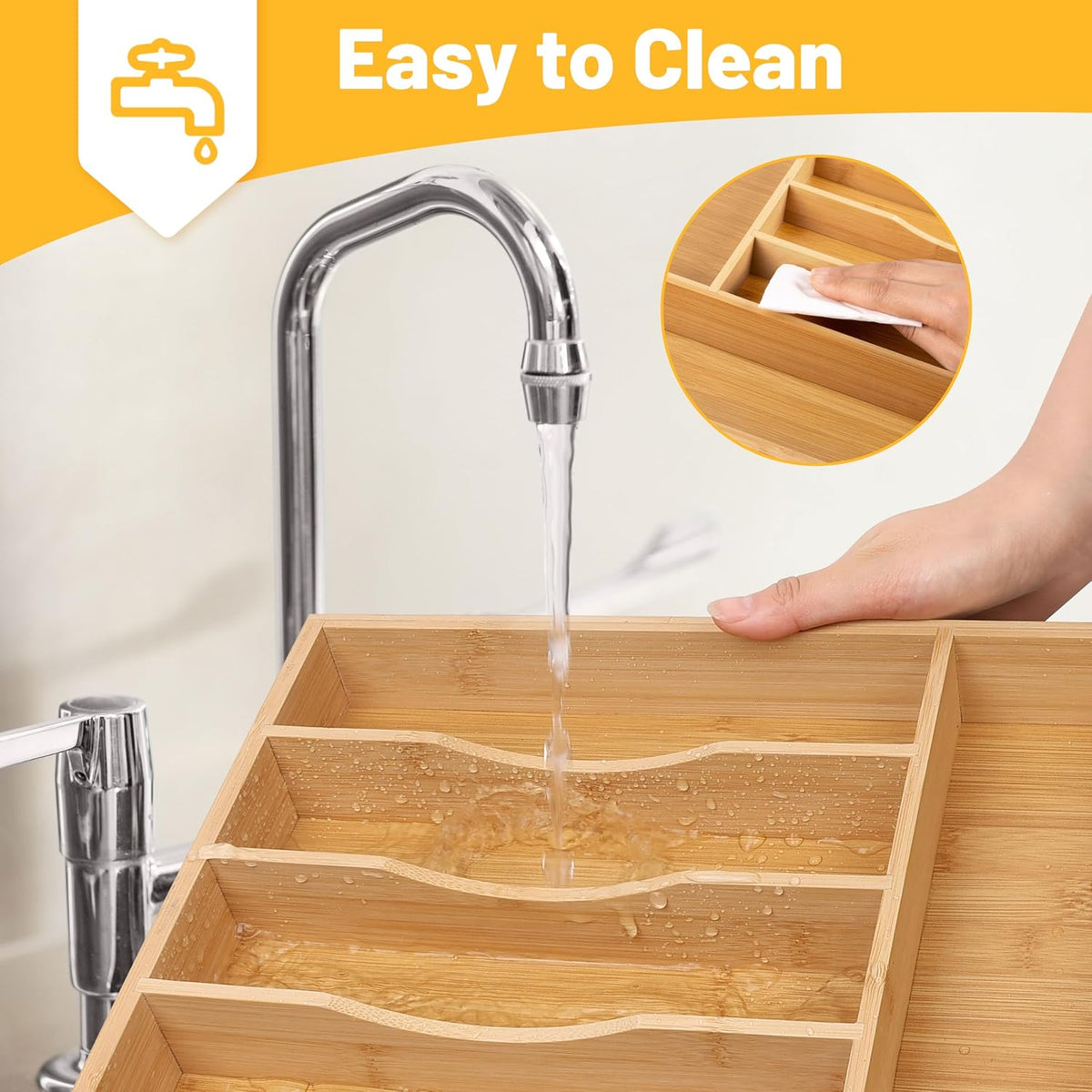 Kitchen Bamboo Silverware Organizer, Kitchen Drawer Organizer - Utensil Holder and Cutlery Tray with Grooved Drawer Dividers for Flatware 7 Slot, Natural