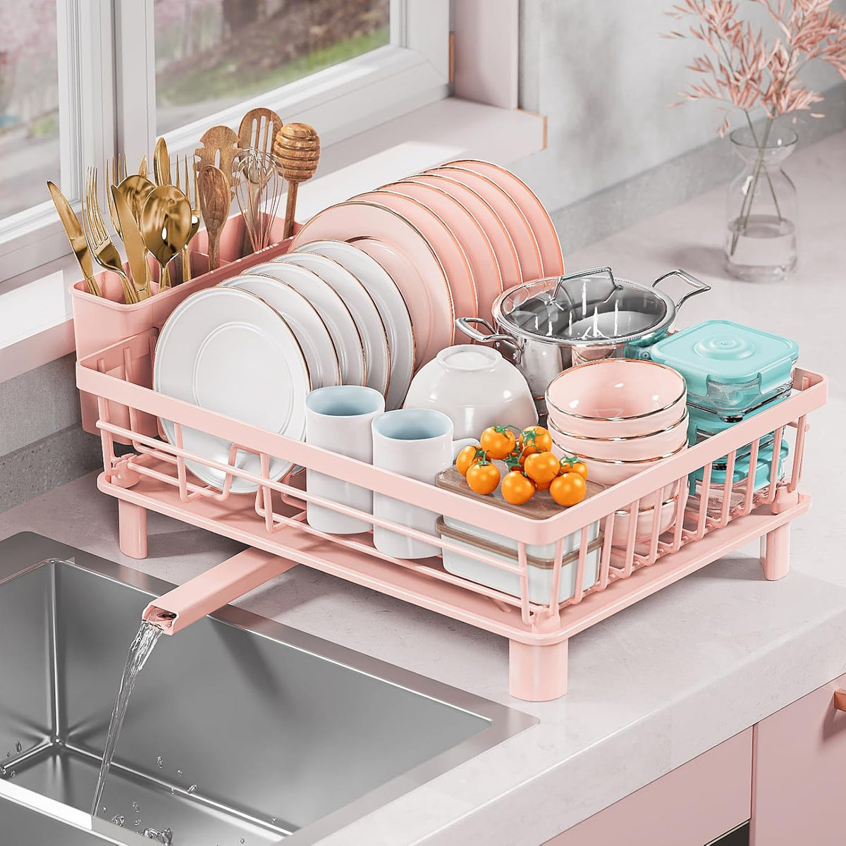 Dish Drying Rack for Kitchen Counter, Stainless Steel Drainer Anti Rust, Smart Drainage System Drainboard with Detachable Cutlery Holder, Handwash Dish Helper for Home, Apartment Space Saving